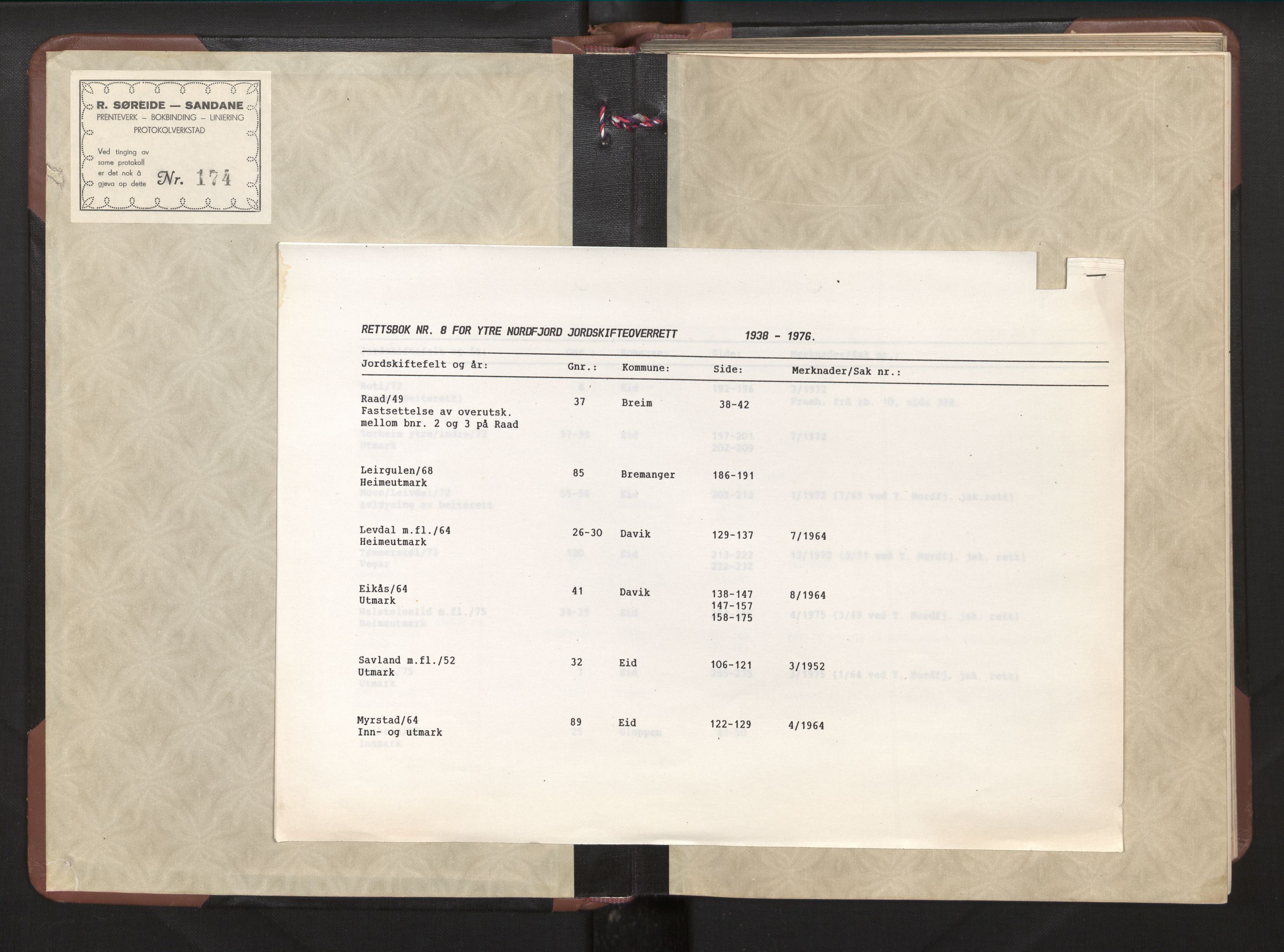 Overdommaren i Sogn og Fjordane jordskiftedøme, AV/SAB-A-5701/A/L0008: Overrettsprotokoll, 1938-1976