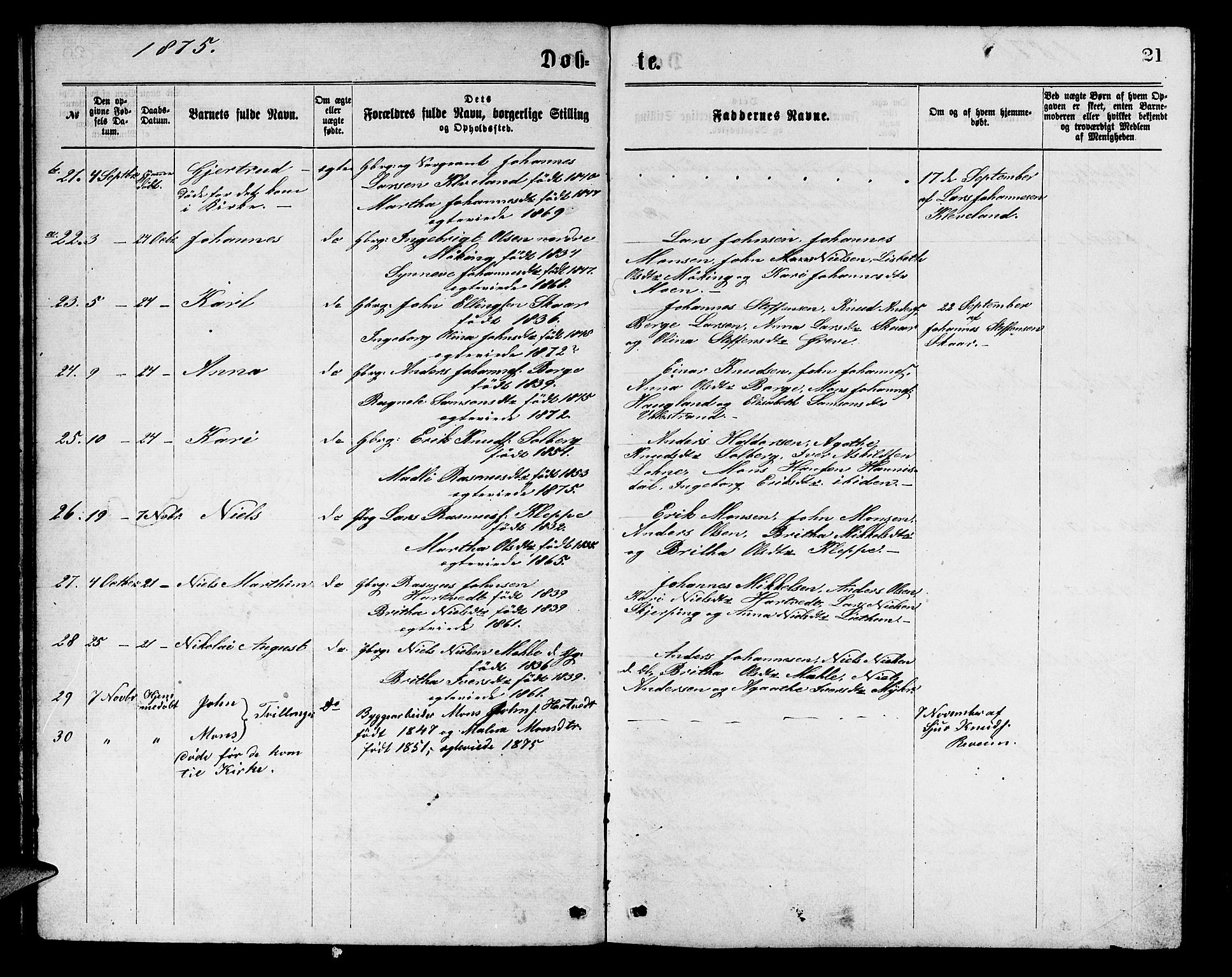 Haus sokneprestembete, SAB/A-75601/H/Hab: Parish register (copy) no. C 1, 1869-1878, p. 21