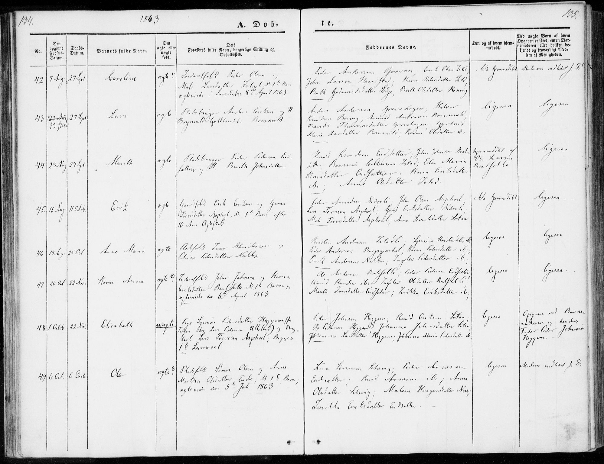 Ministerialprotokoller, klokkerbøker og fødselsregistre - Møre og Romsdal, AV/SAT-A-1454/557/L0680: Parish register (official) no. 557A02, 1843-1869, p. 134-135