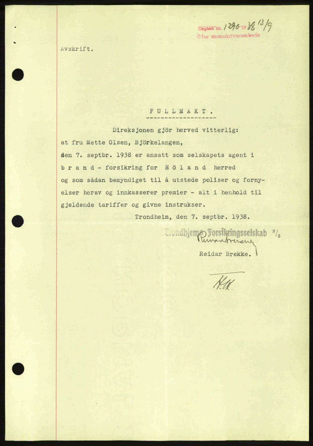 Nes tingrett, SAO/A-10548/G/Gb/Gbb/L0006: Mortgage book no. 50, 1938-1938, Diary no: : 1290/1938