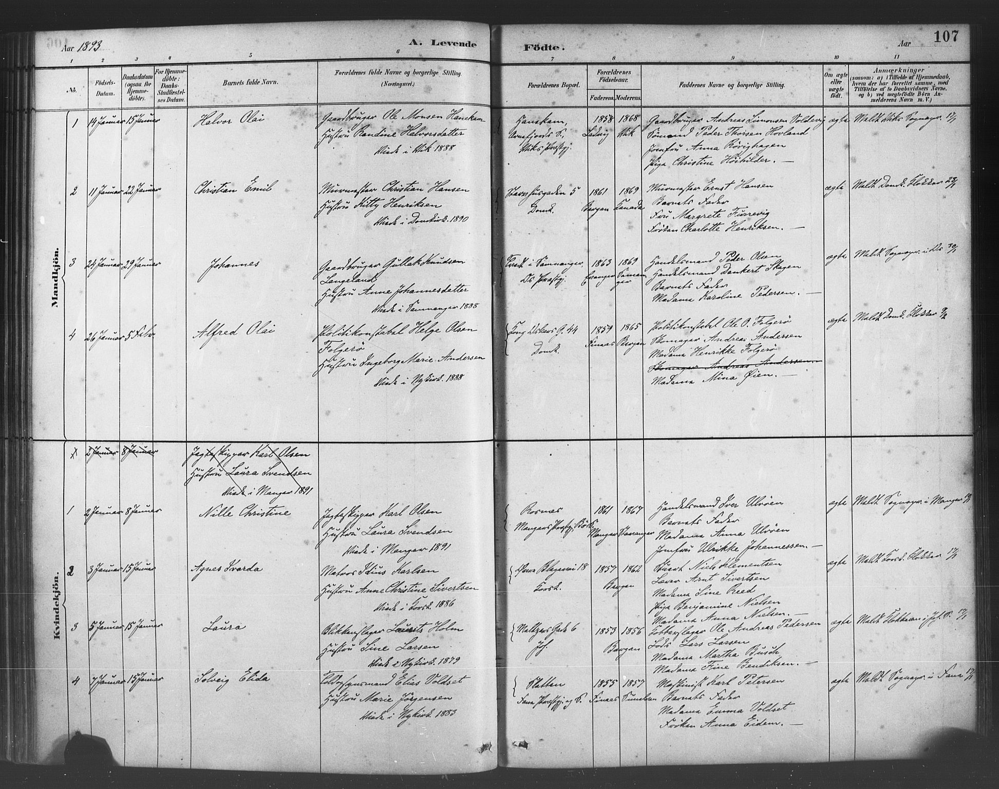 Fødselsstiftelsens sokneprestembete*, SAB/-: Parish register (official) no. A 2, 1884-1900, p. 107