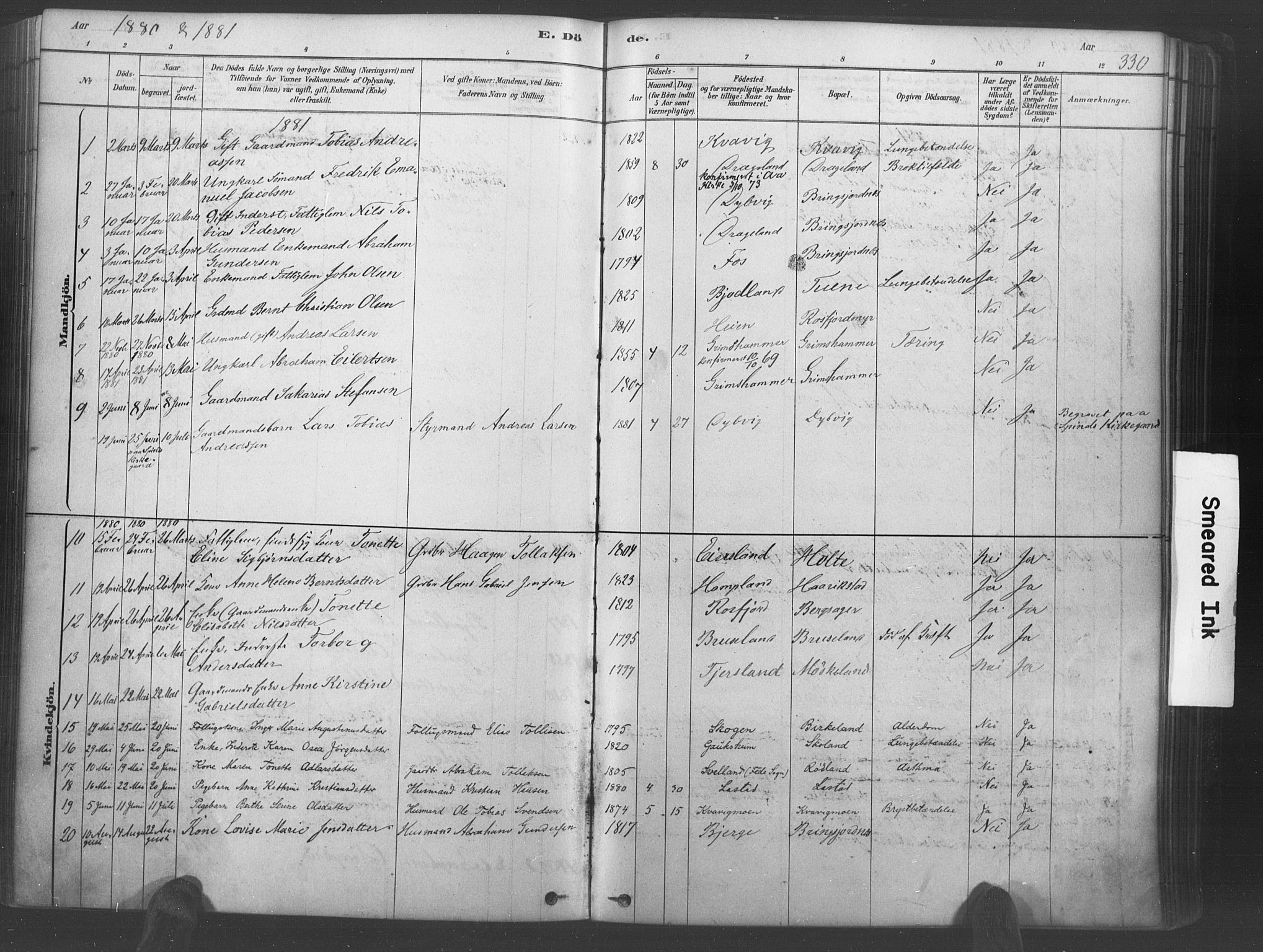 Lyngdal sokneprestkontor, AV/SAK-1111-0029/F/Fa/Fac/L0011: Parish register (official) no. A 11, 1878-1893, p. 330