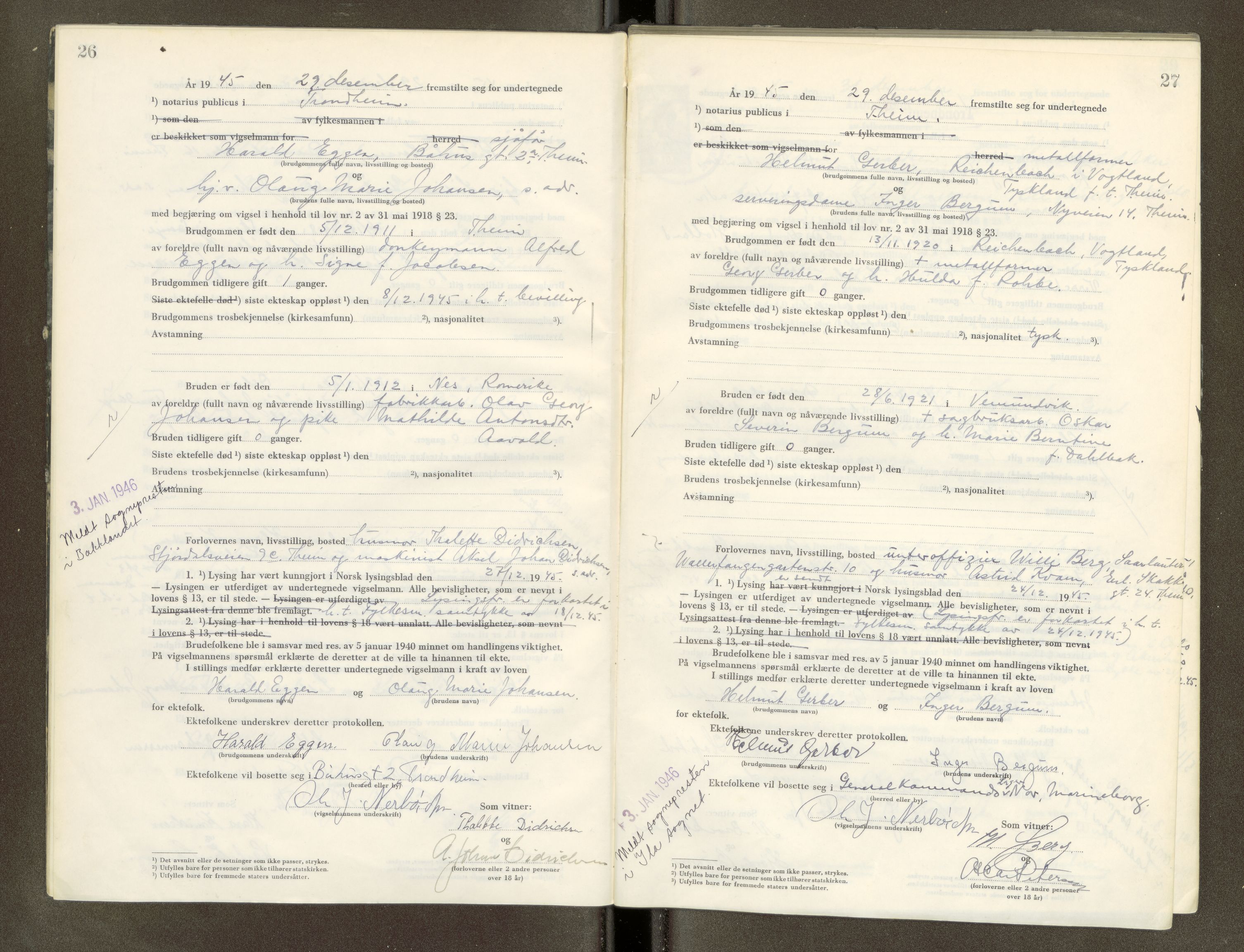Trondheim byfogd, AV/SAT-A-0003/1/6/6D/L0005: Vigselbøker, 1944-1948, p. 26-27