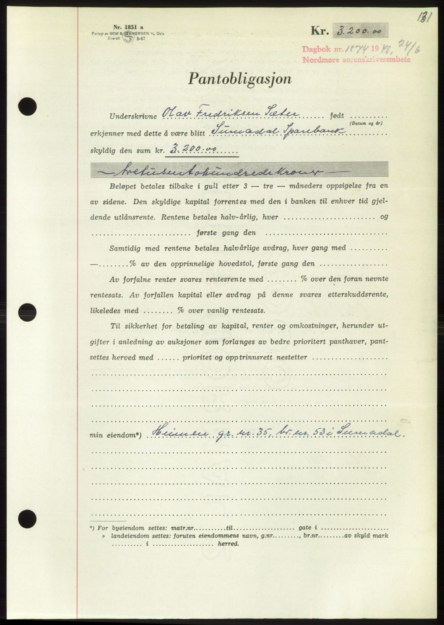 Nordmøre sorenskriveri, AV/SAT-A-4132/1/2/2Ca: Mortgage book no. B99, 1948-1948, Diary no: : 1874/1948