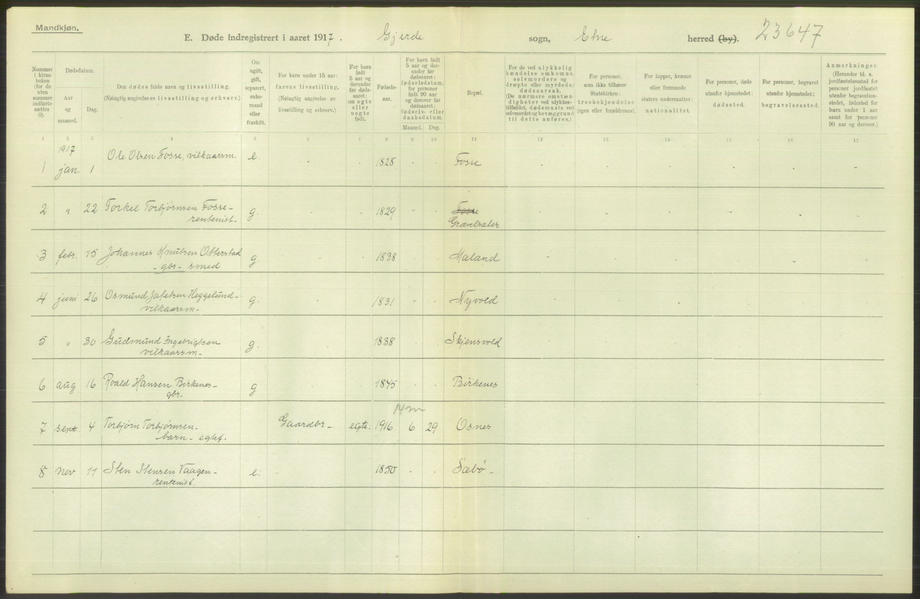 Statistisk sentralbyrå, Sosiodemografiske emner, Befolkning, RA/S-2228/D/Df/Dfb/Dfbg/L0036: S. Bergenhus amt: Døde, dødfødte. Bygder., 1917, p. 176