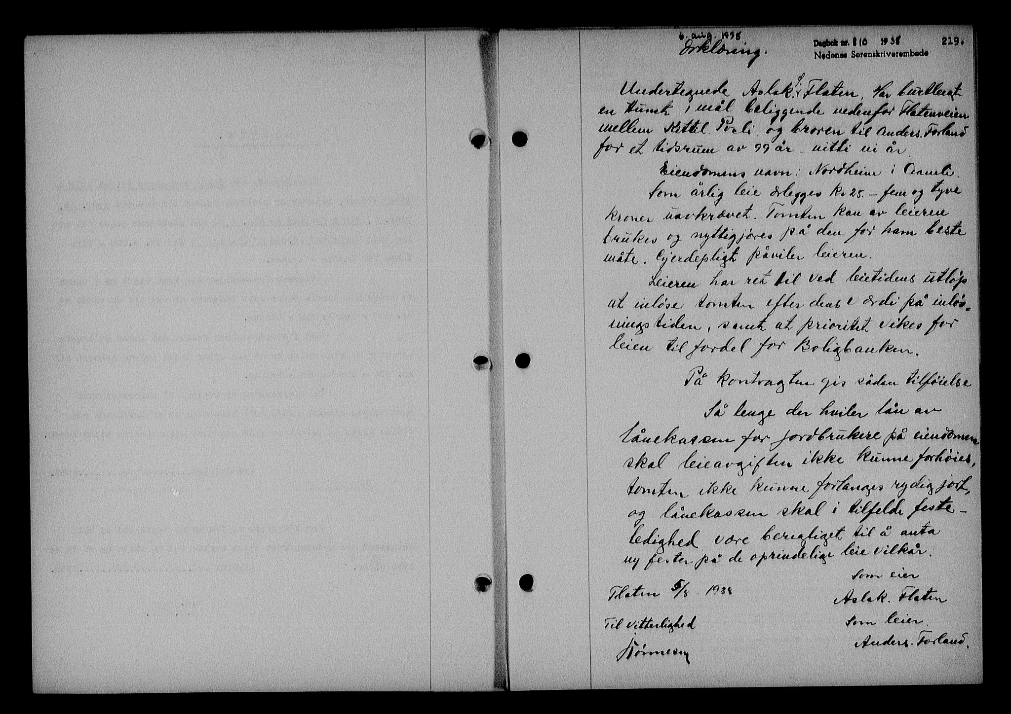 Nedenes sorenskriveri, SAK/1221-0006/G/Gb/Gba/L0045: Mortgage book no. 41, 1938-1938, Diary no: : 810/1938