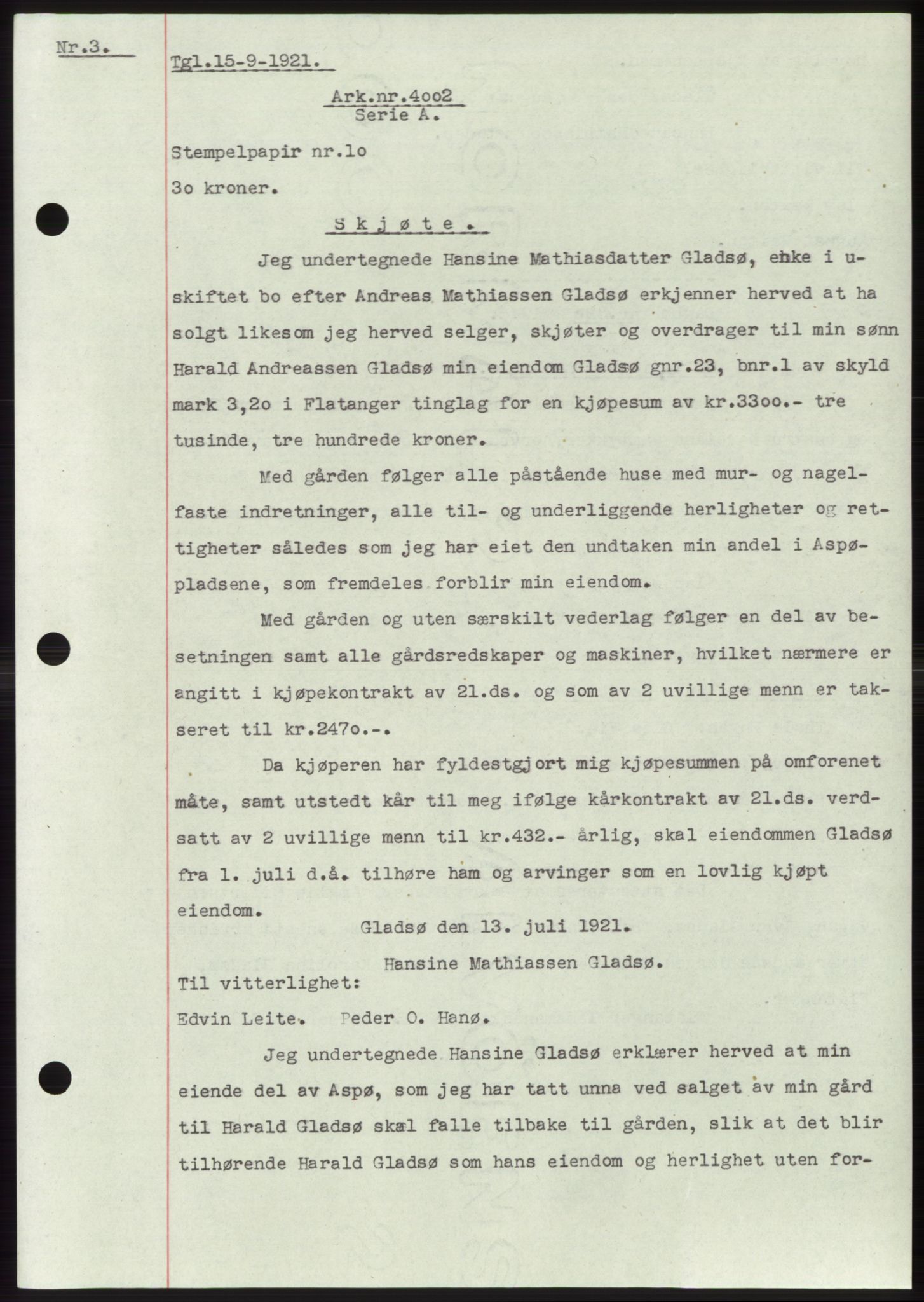 Namdal sorenskriveri, SAT/A-4133/1/2/2C: Mortgage book no. -, 1916-1921, Deed date: 15.09.1921