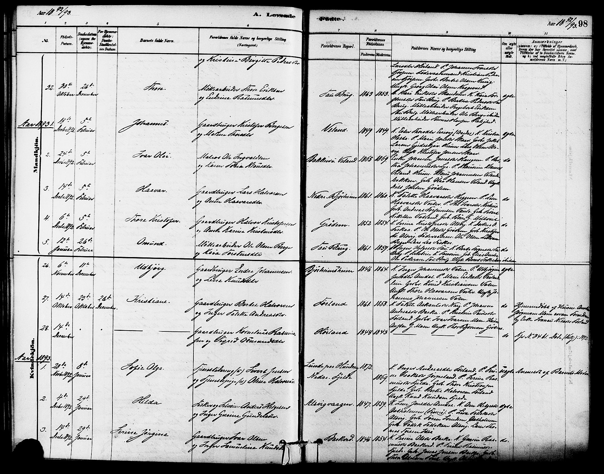 Strand sokneprestkontor, SAST/A-101828/H/Ha/Haa/L0009: Parish register (official) no. A 9, 1877-1908, p. 98