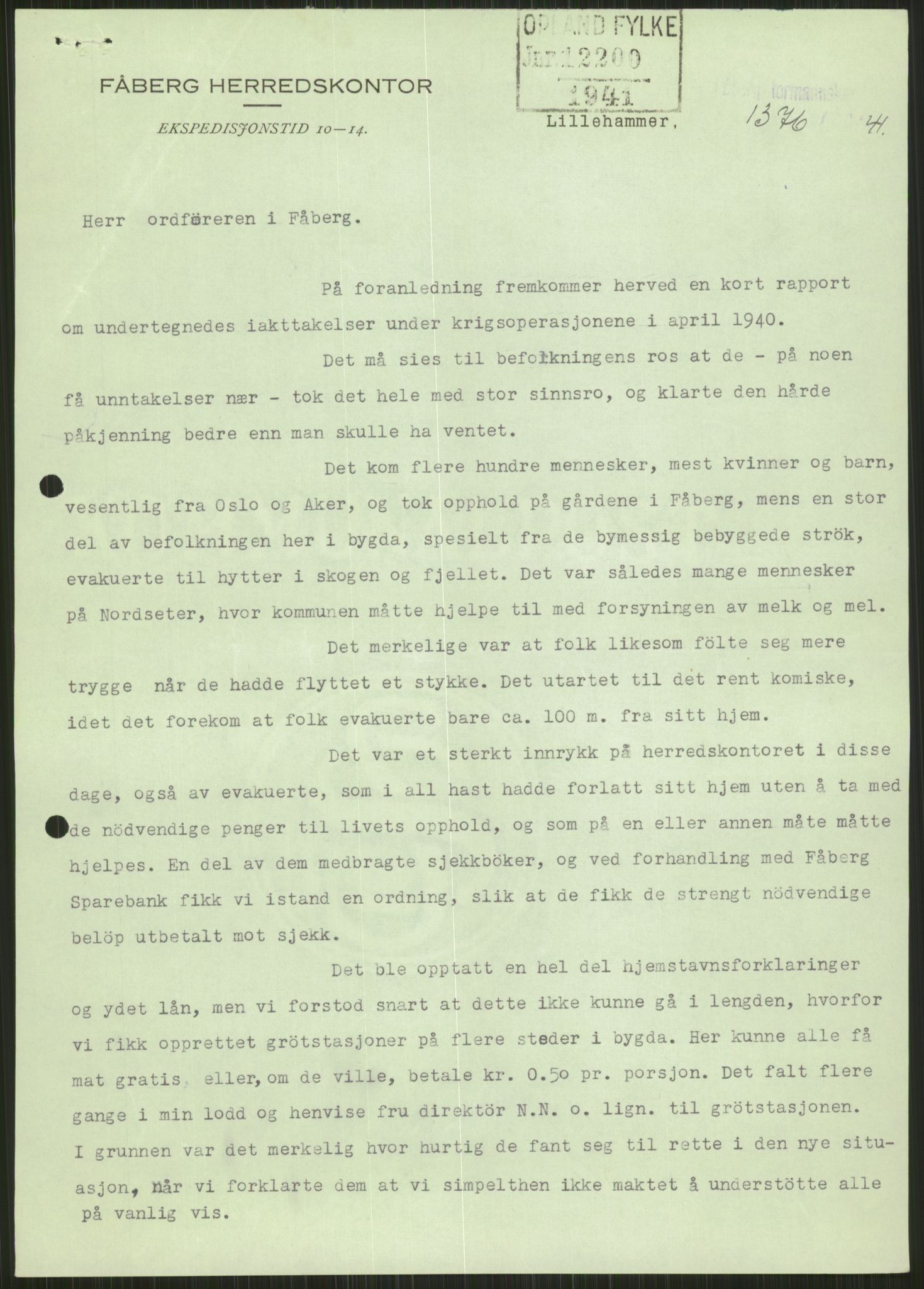 Forsvaret, Forsvarets krigshistoriske avdeling, AV/RA-RAFA-2017/Y/Ya/L0014: II-C-11-31 - Fylkesmenn.  Rapporter om krigsbegivenhetene 1940., 1940, p. 68