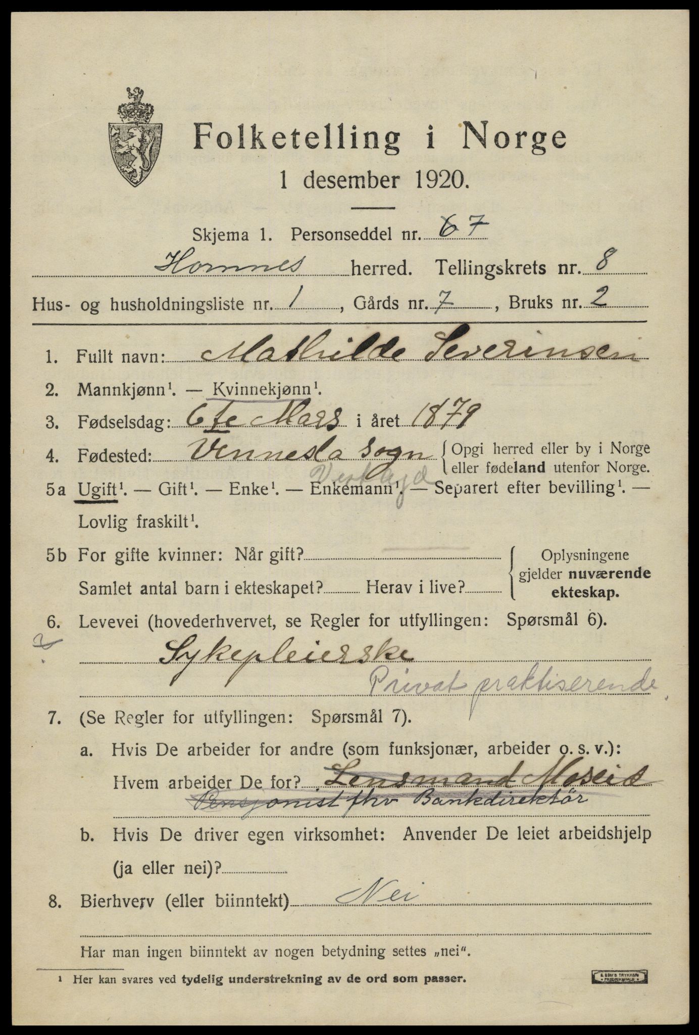 SAK, 1920 census for Hornnes, 1920, p. 1785
