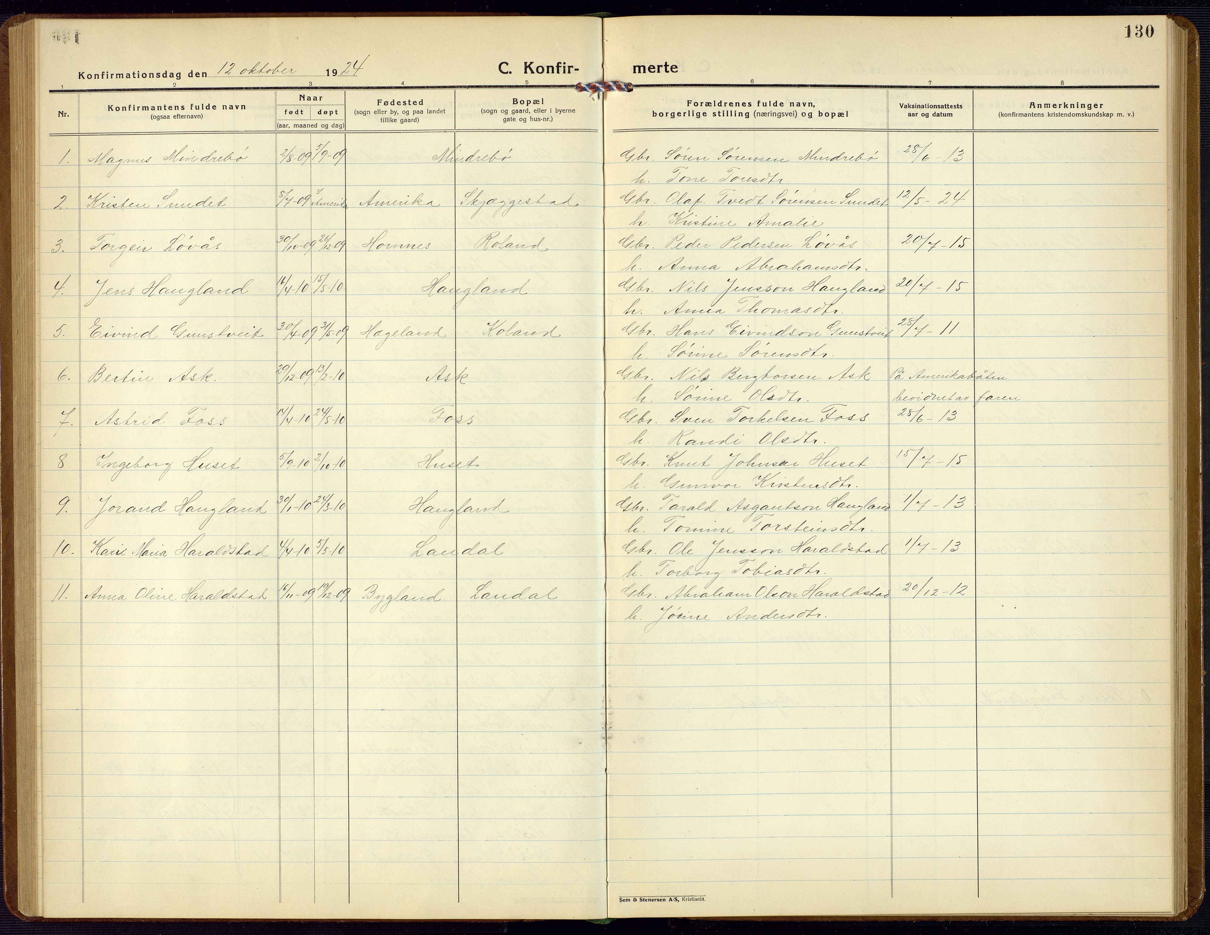 Bjelland sokneprestkontor, SAK/1111-0005/F/Fb/Fba/L0006: Parish register (copy) no. B 6, 1923-1956, p. 130