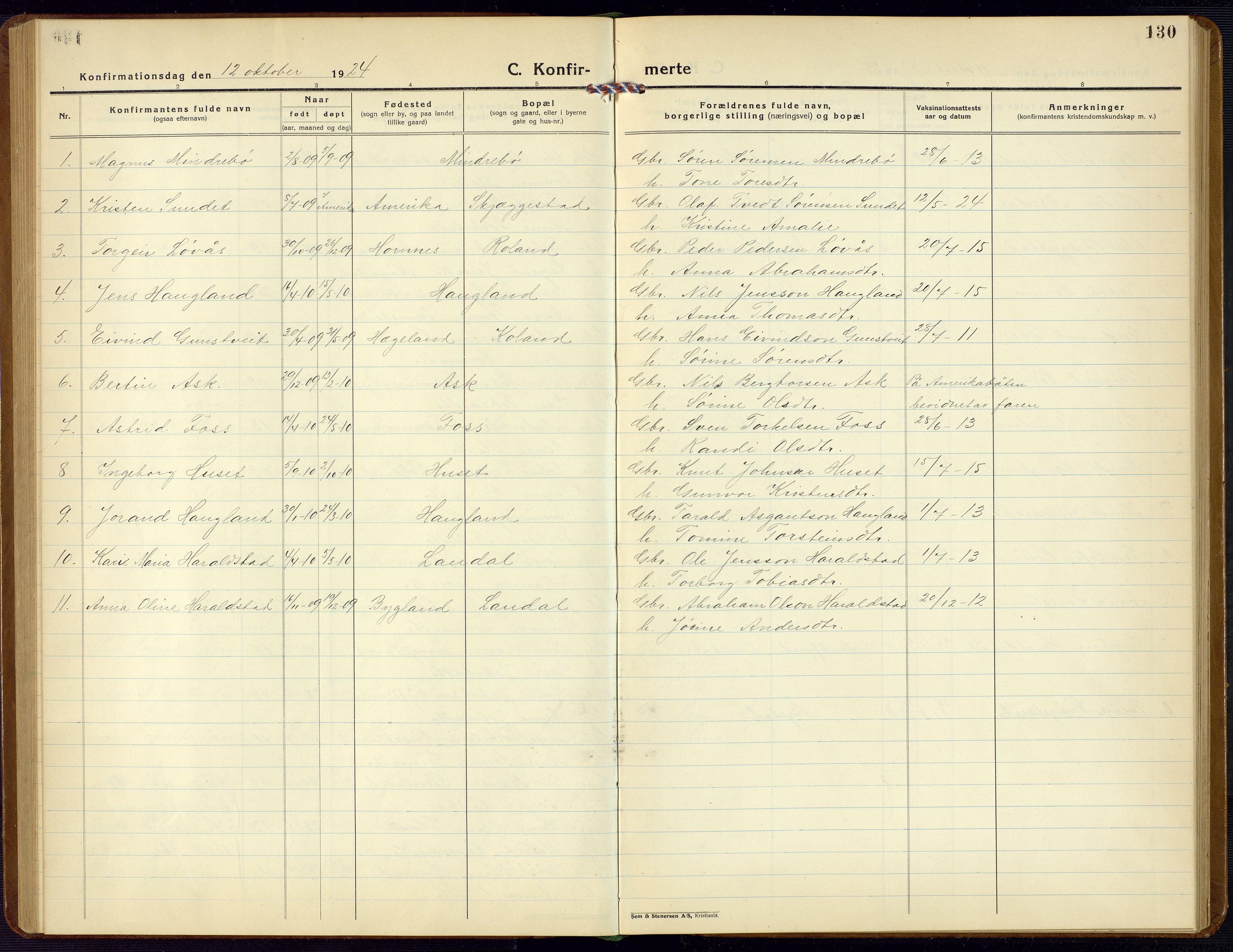 Bjelland sokneprestkontor, AV/SAK-1111-0005/F/Fb/Fba/L0006: Parish register (copy) no. B 6, 1923-1956, p. 130