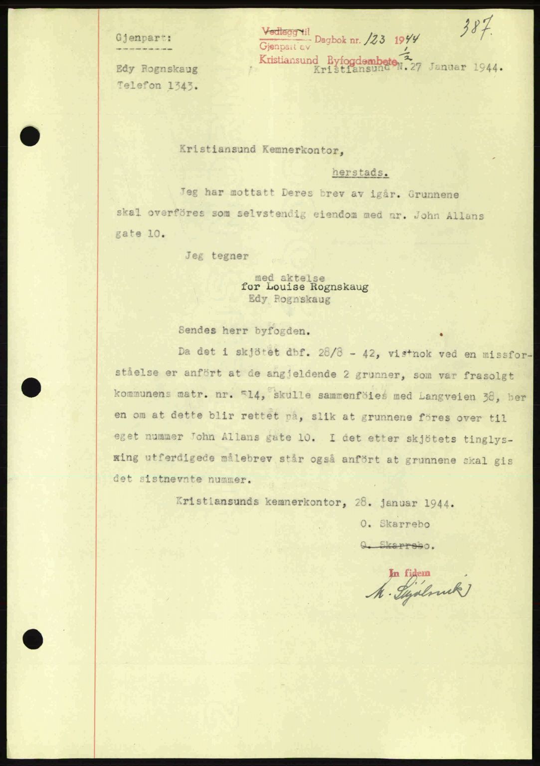 Kristiansund byfogd, AV/SAT-A-4587/A/27: Mortgage book no. 34, 1941-1945, Diary no: : 123/1944