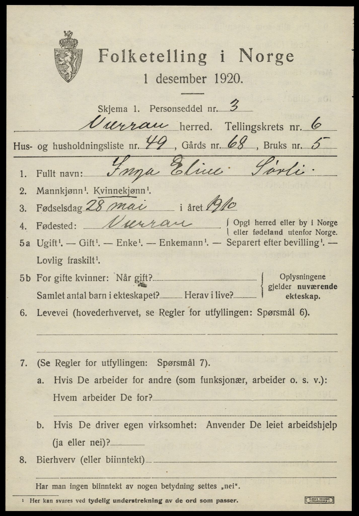 SAT, 1920 census for Verran, 1920, p. 2842