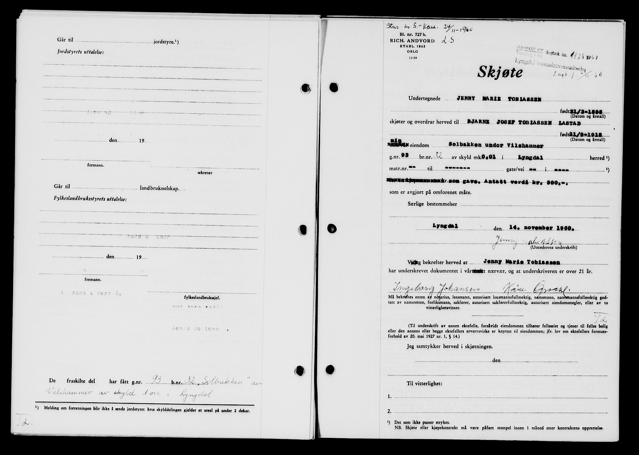 Lyngdal sorenskriveri, AV/SAK-1221-0004/G/Gb/L0680: Mortgage book no. A XXVI, 1960-1960, Diary no: : 1128/1960