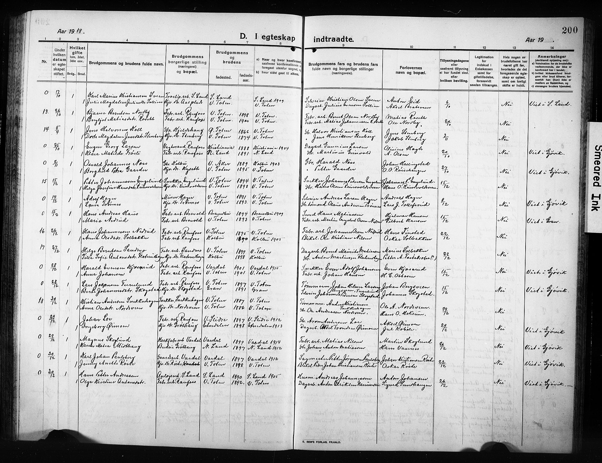 Vestre Toten prestekontor, SAH/PREST-108/H/Ha/Hab/L0012: Parish register (copy) no. 12, 1909-1928, p. 200