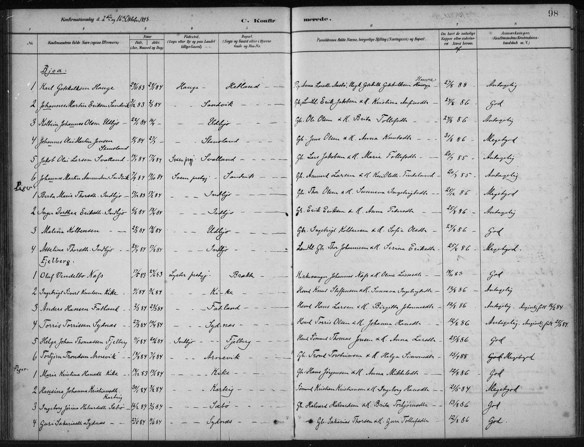Fjelberg sokneprestembete, SAB/A-75201/H/Haa: Parish register (official) no. B  1, 1879-1919, p. 98