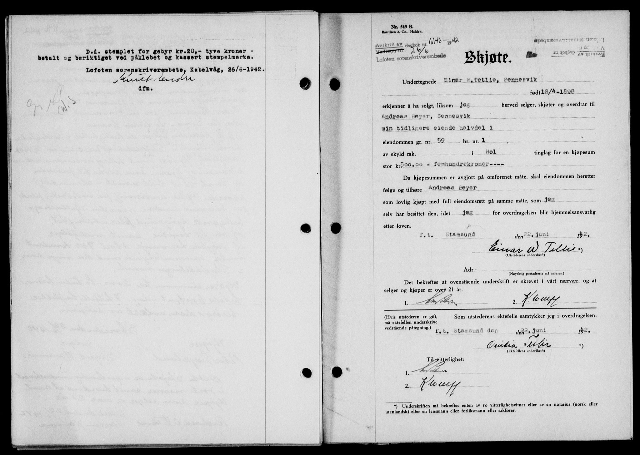 Lofoten sorenskriveri, SAT/A-0017/1/2/2C/L0010a: Mortgage book no. 10a, 1942-1943, Diary no: : 1148/1942
