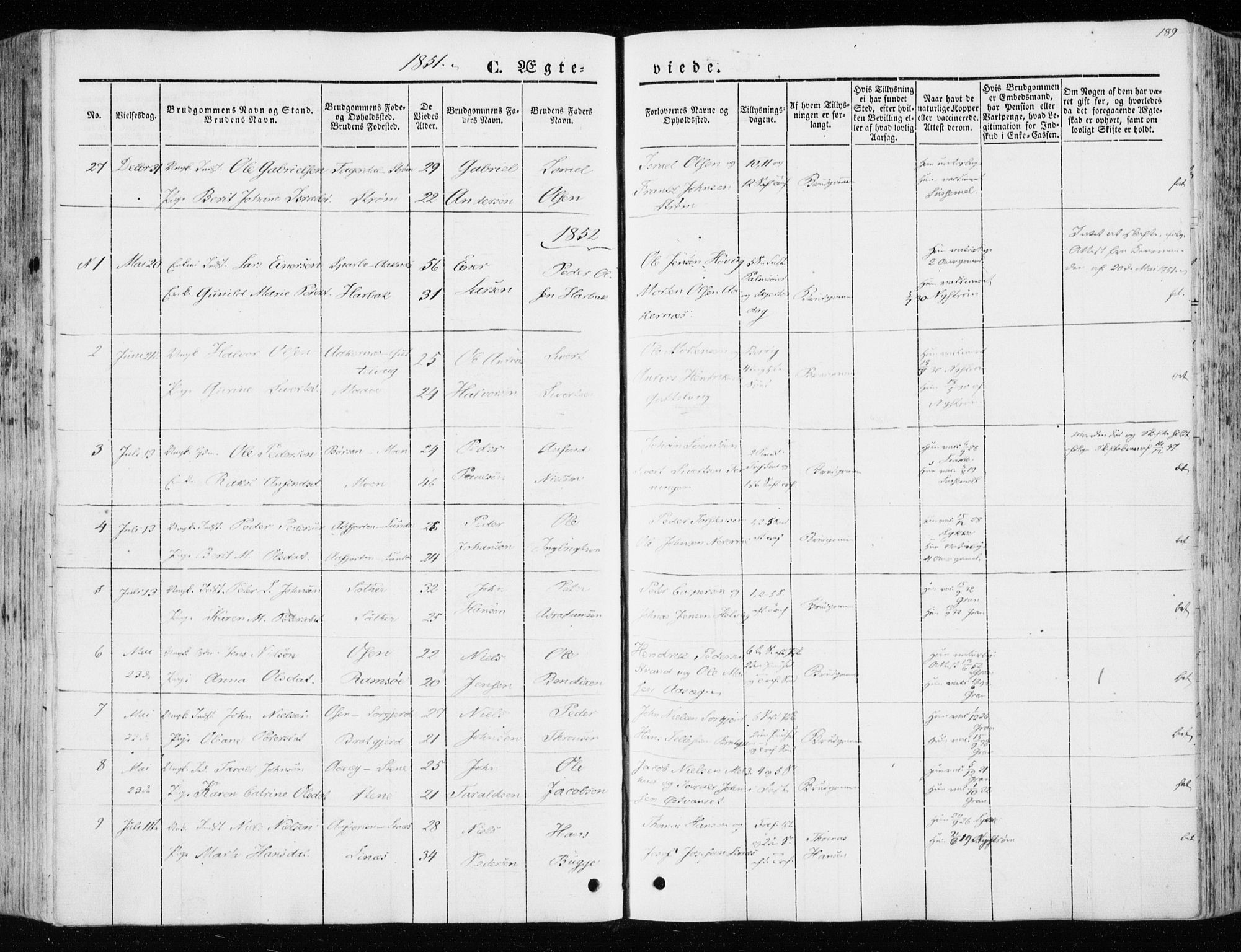 Ministerialprotokoller, klokkerbøker og fødselsregistre - Sør-Trøndelag, SAT/A-1456/657/L0704: Parish register (official) no. 657A05, 1846-1857, p. 189