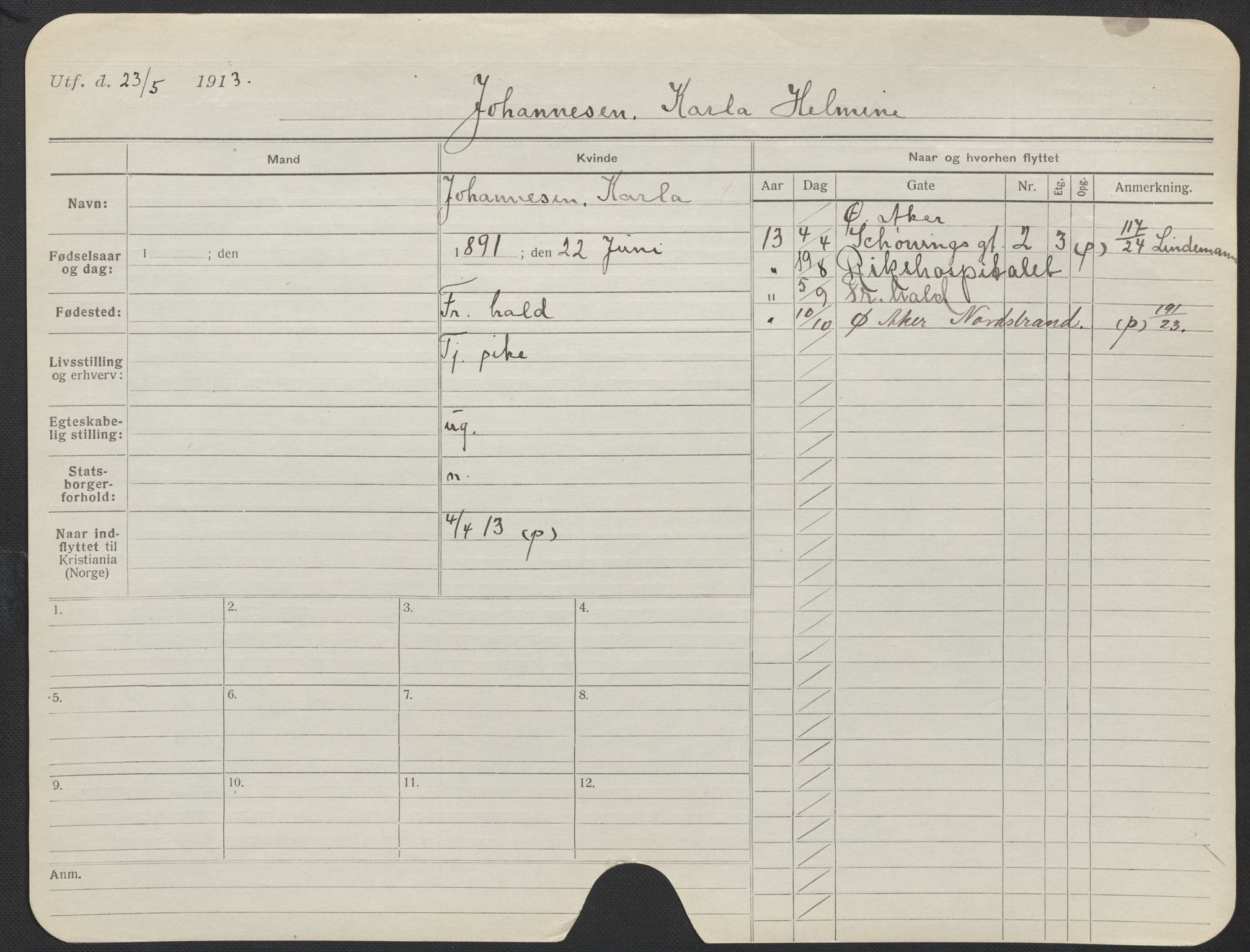 Oslo folkeregister, Registerkort, SAO/A-11715/F/Fa/Fac/L0018: Kvinner, 1906-1914, p. 200a