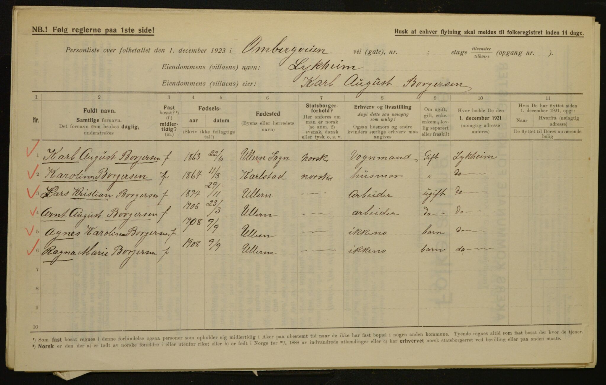 , Municipal Census 1923 for Aker, 1923, p. 1711