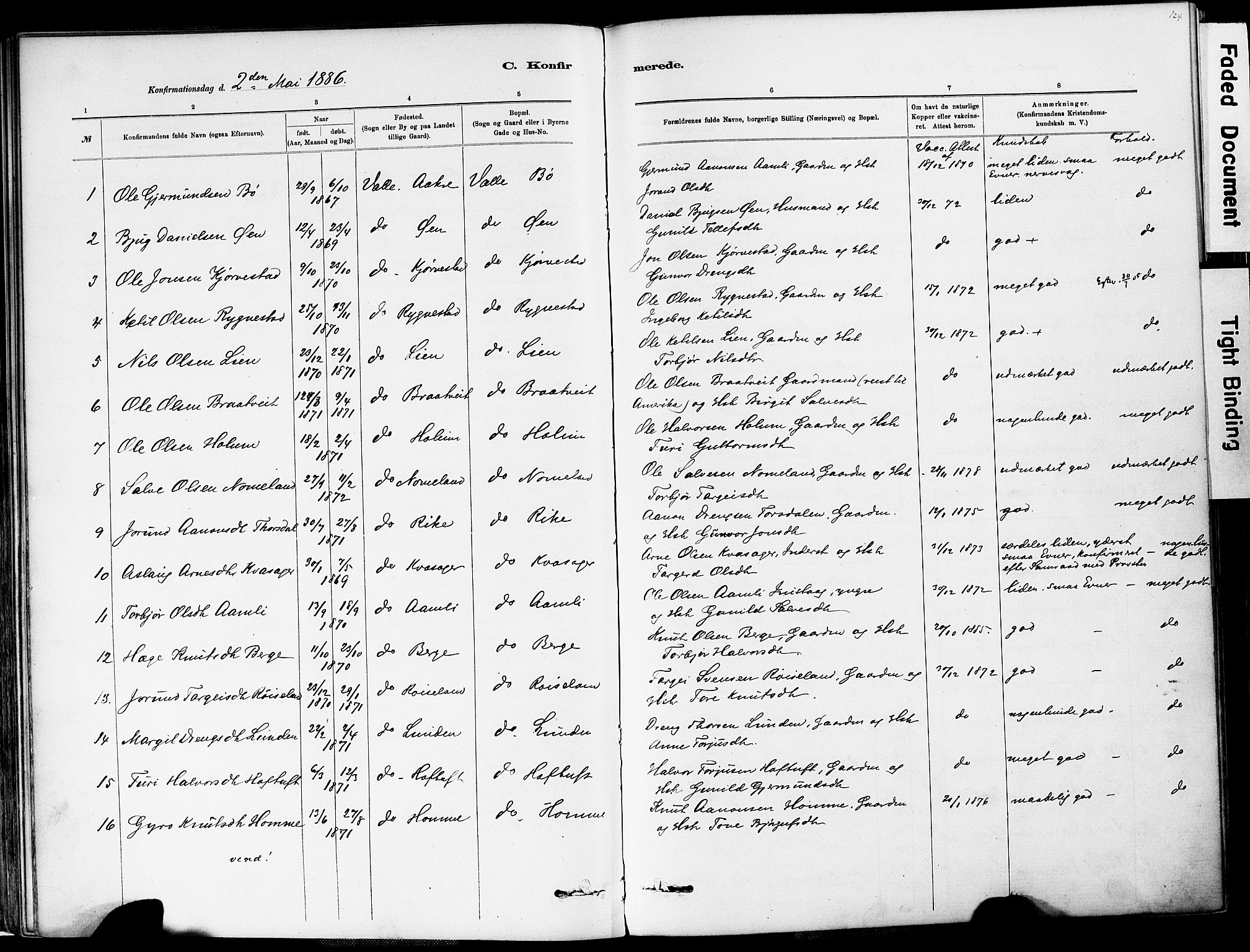 Valle sokneprestkontor, SAK/1111-0044/F/Fa/Fac/L0009: Parish register (official) no. A 9, 1882-1913, p. 124