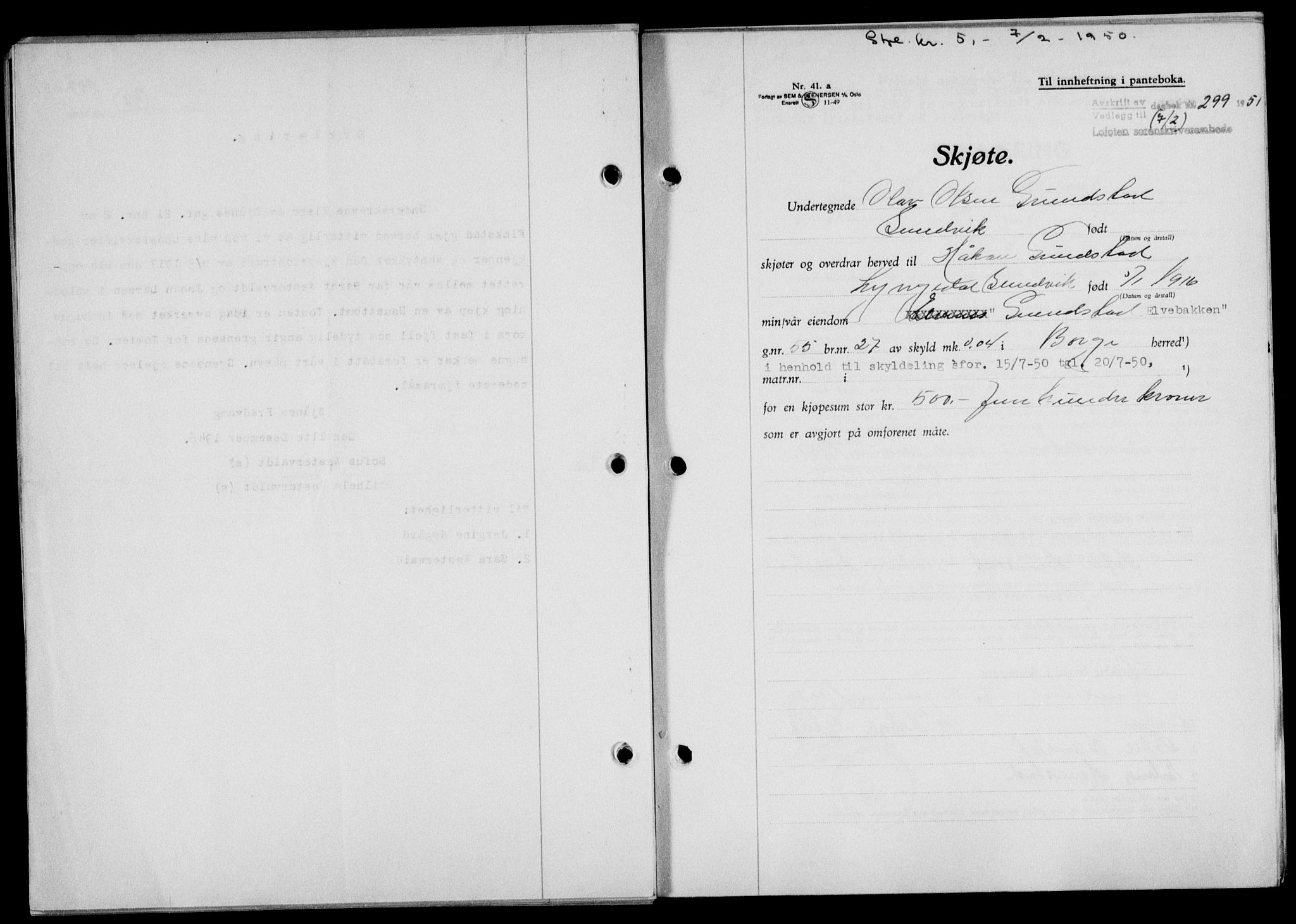 Lofoten sorenskriveri, SAT/A-0017/1/2/2C/L0025a: Mortgage book no. 25a, 1950-1951, Diary no: : 299/1951