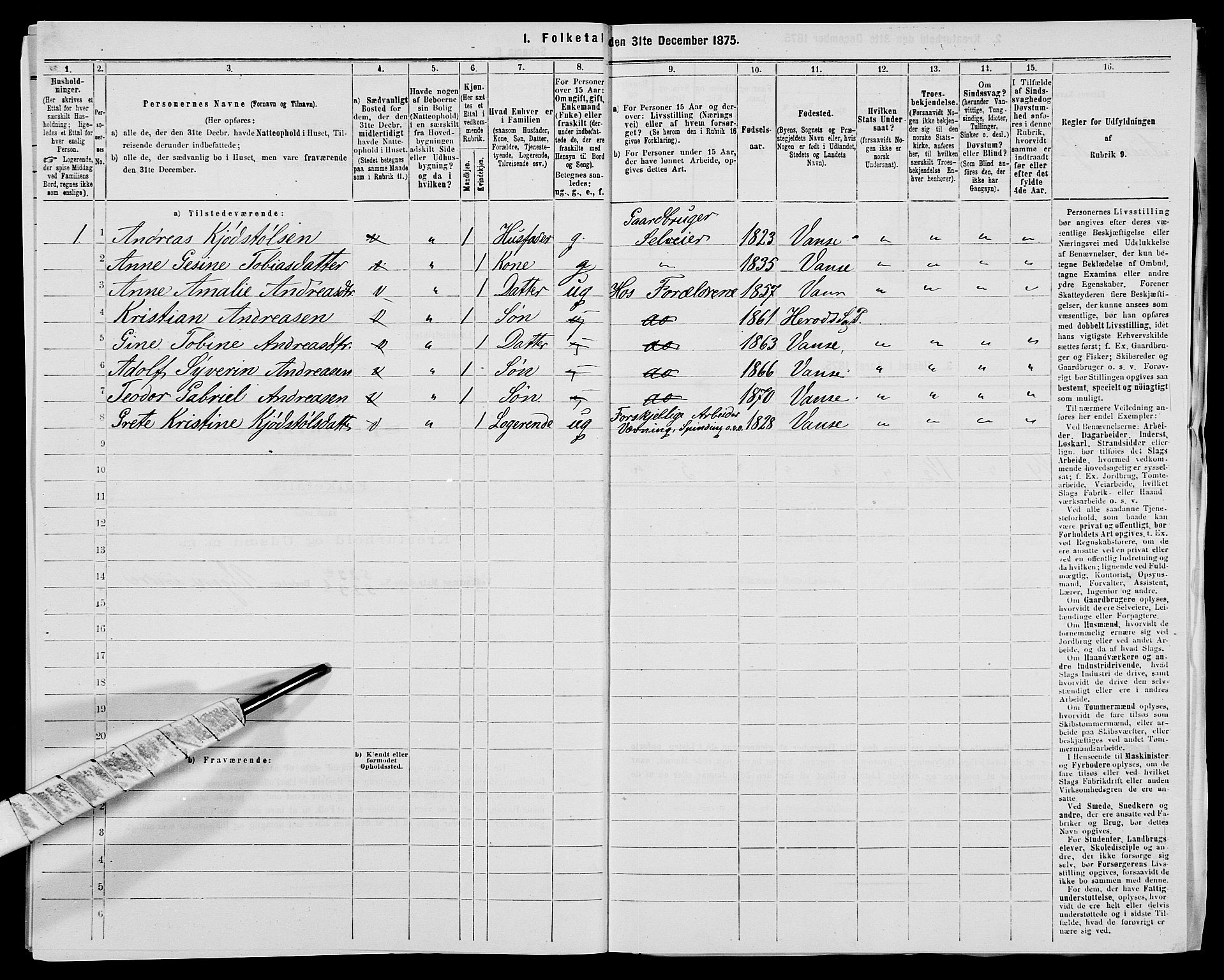 SAK, 1875 census for 1041L Vanse/Vanse og Farsund, 1875, p. 2007