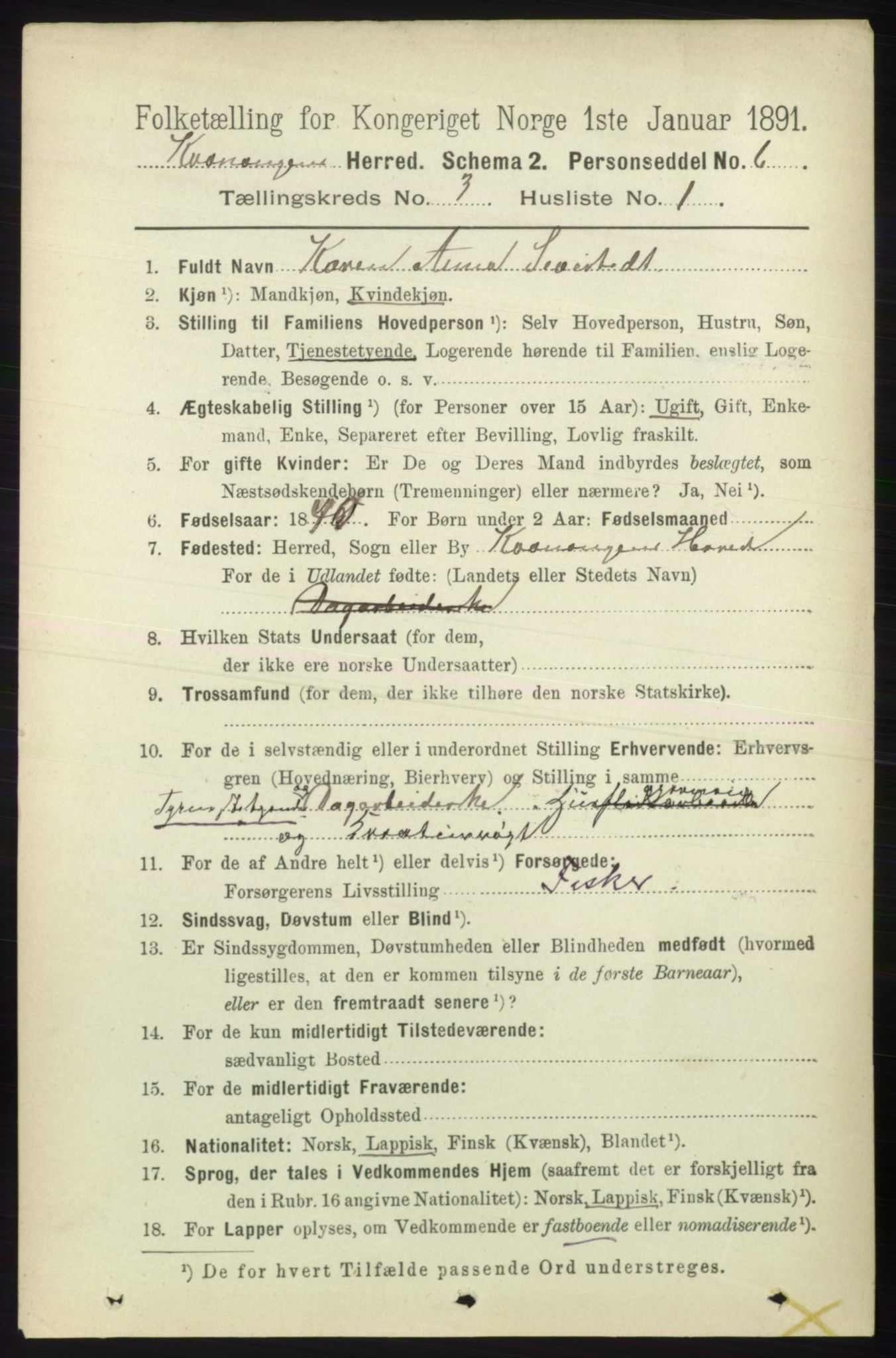 RA, 1891 census for 1943 Kvænangen, 1891, p. 1070