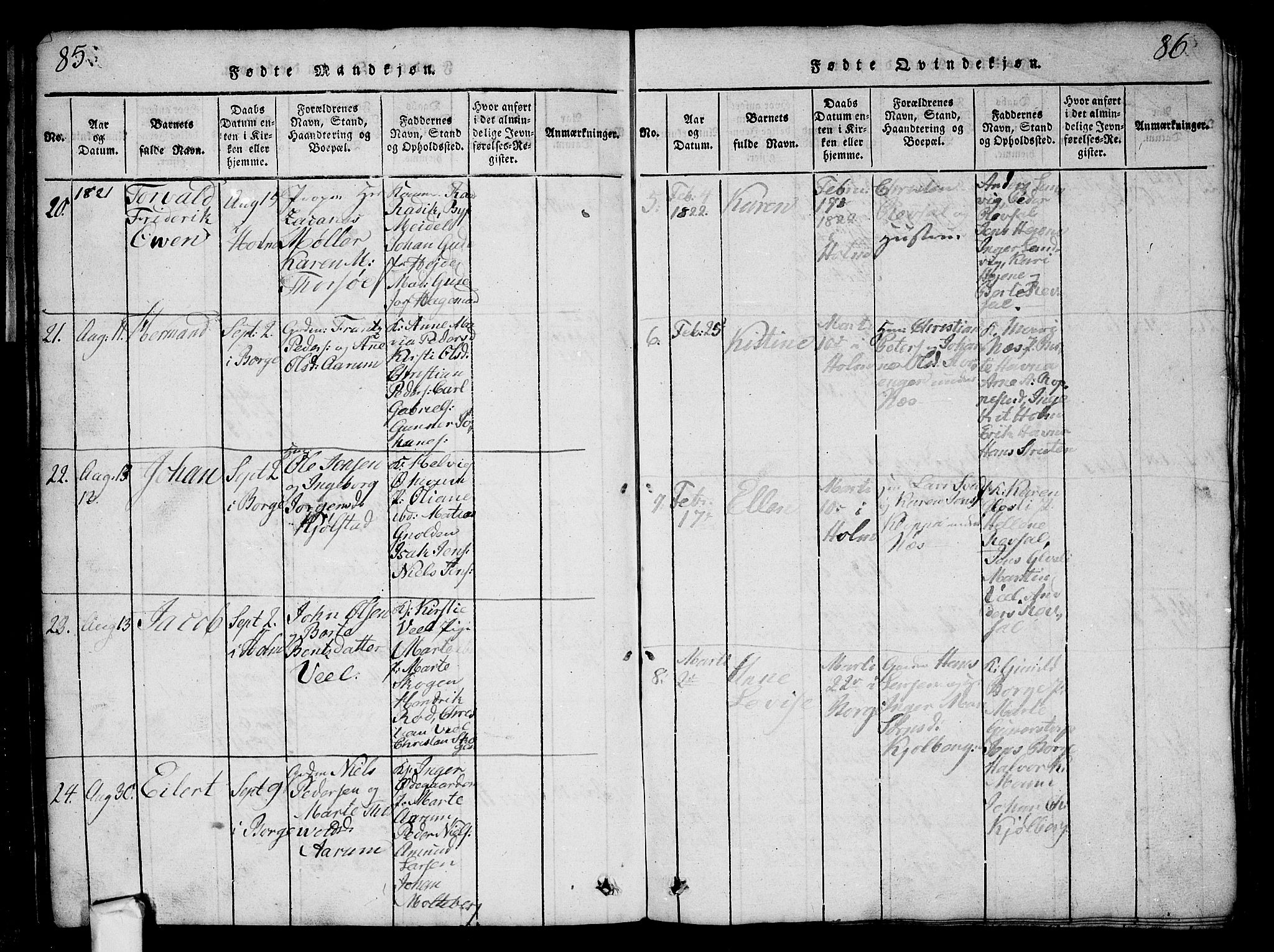 Borge prestekontor Kirkebøker, AV/SAO-A-10903/G/Ga/L0001: Parish register (copy) no.  I 1, 1815-1835, p. 85-86