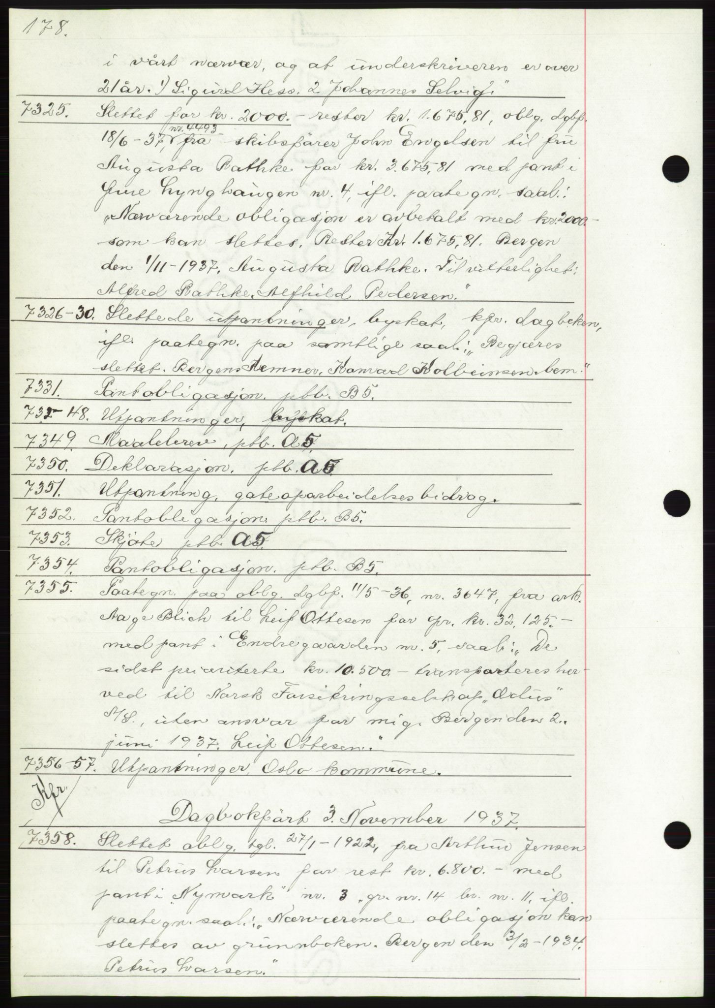 Byfogd og Byskriver i Bergen, AV/SAB-A-3401/03: Mortgage book no. C 5, 1937-1937, Diary no: : 7325/1937