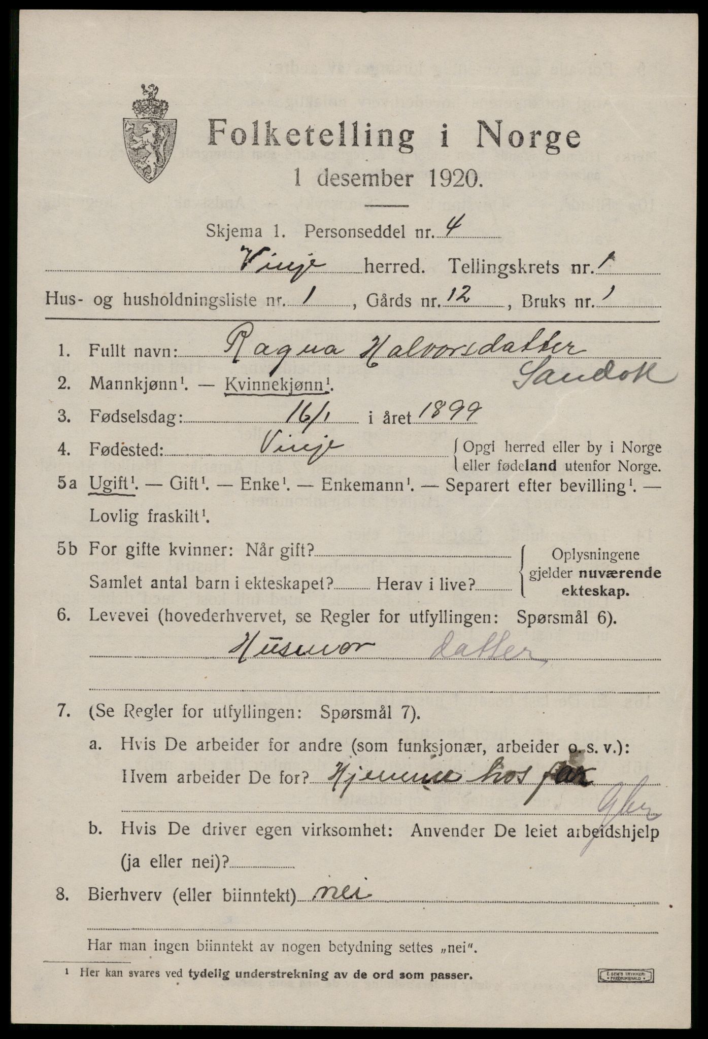 SAKO, 1920 census for Vinje, 1920, p. 711