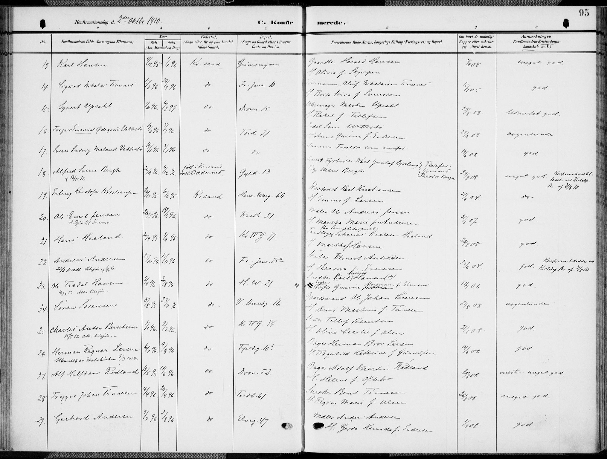 Kristiansand domprosti, AV/SAK-1112-0006/F/Fa/L0022: Parish register (official) no. A 21, 1905-1916, p. 95