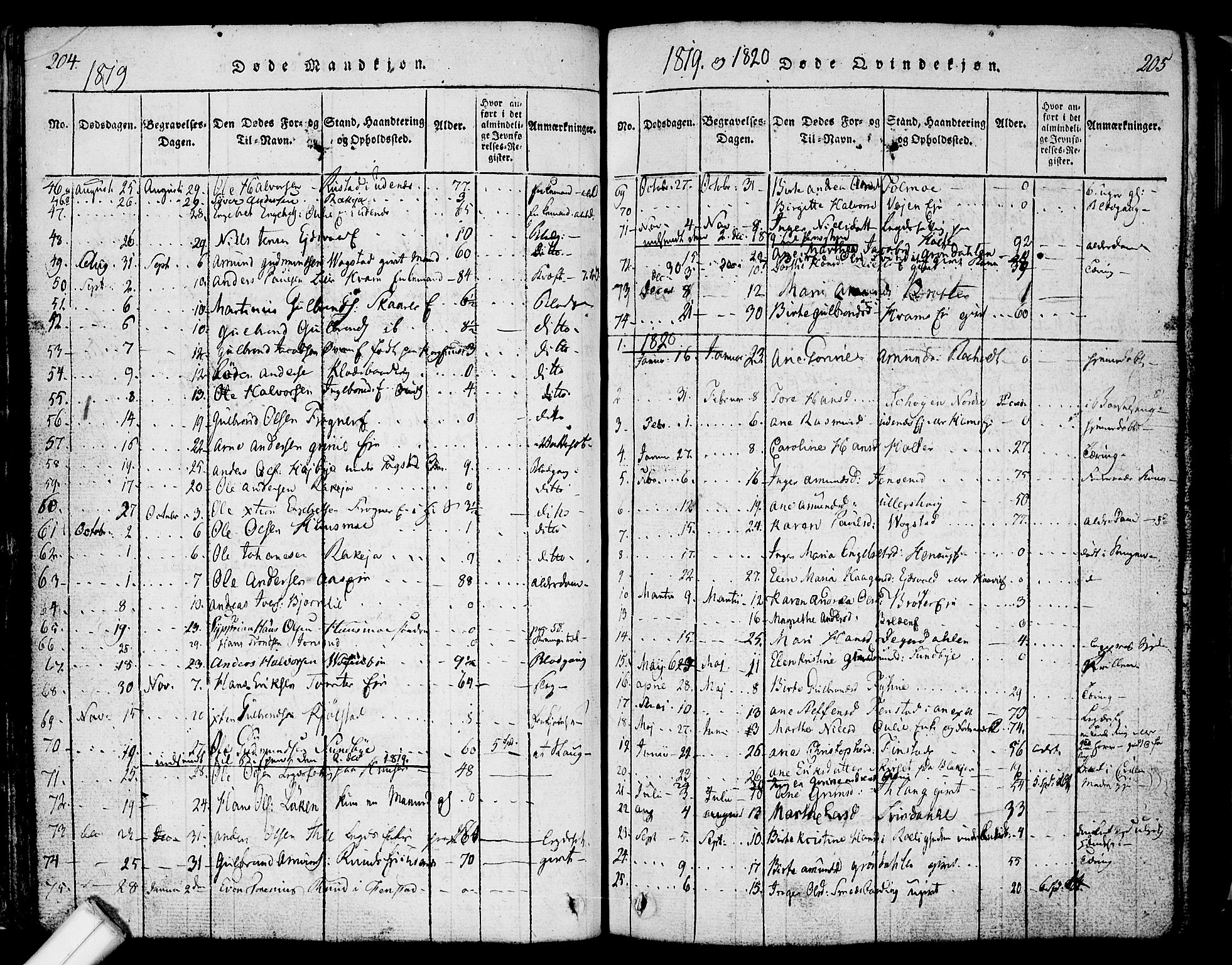 Nes prestekontor Kirkebøker, AV/SAO-A-10410/F/Fa/L0005: Parish register (official) no. I 5, 1815-1835, p. 204-205