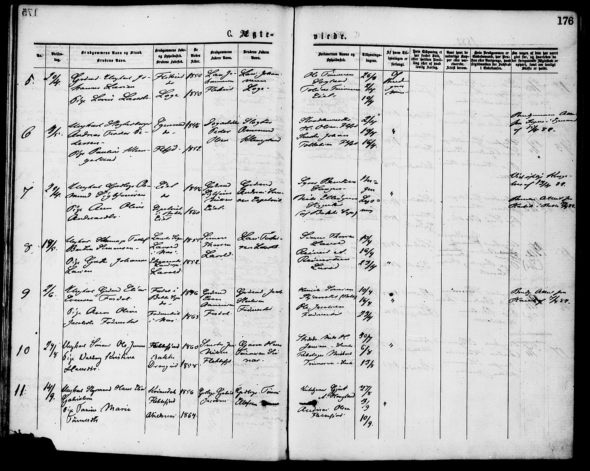 Flekkefjord sokneprestkontor, AV/SAK-1111-0012/F/Fa/Fac/L0007: Parish register (official) no. A 7, 1875-1885, p. 176