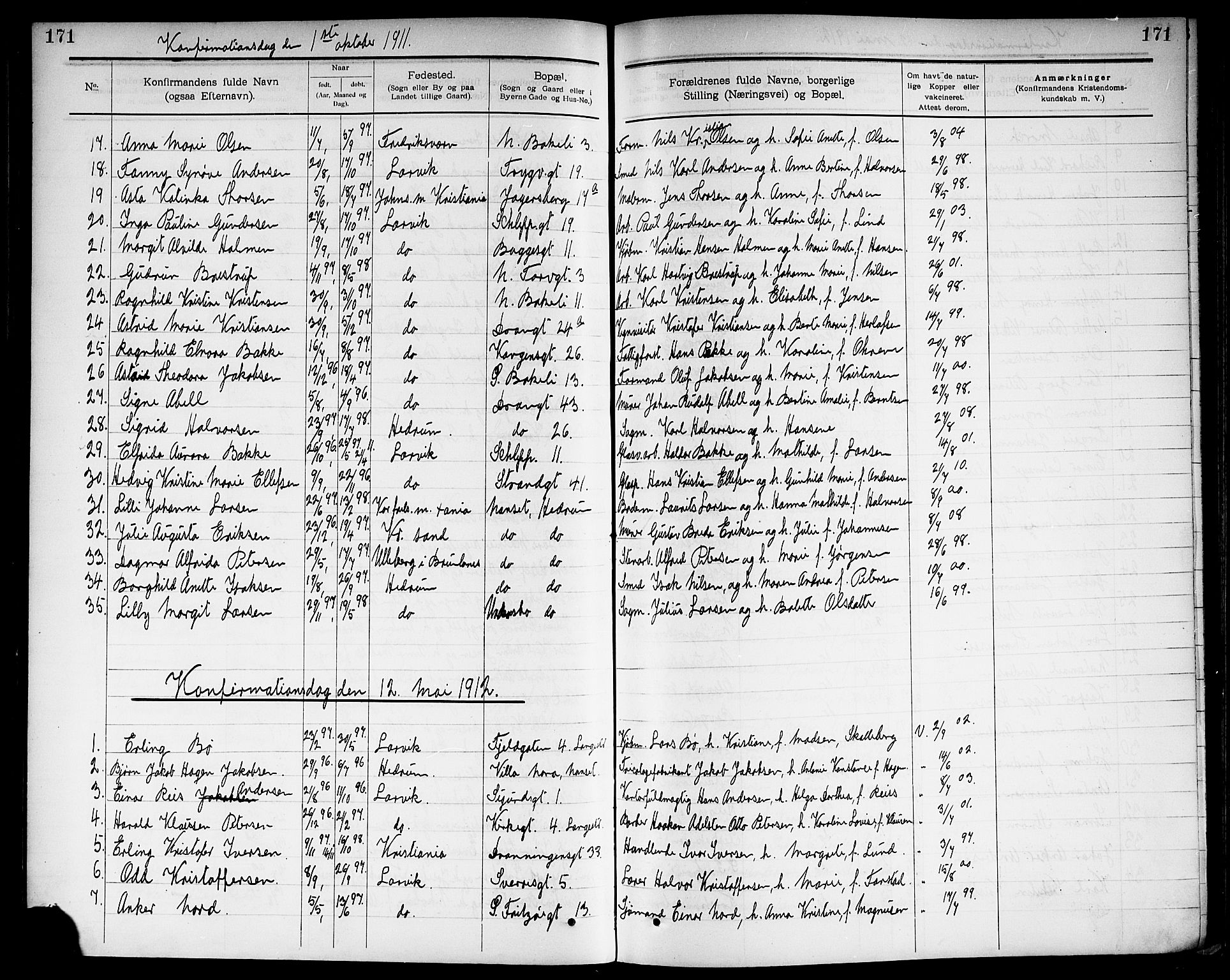 Larvik kirkebøker, SAKO/A-352/G/Ga/L0006: Parish register (copy) no. I 6, 1888-1917, p. 171