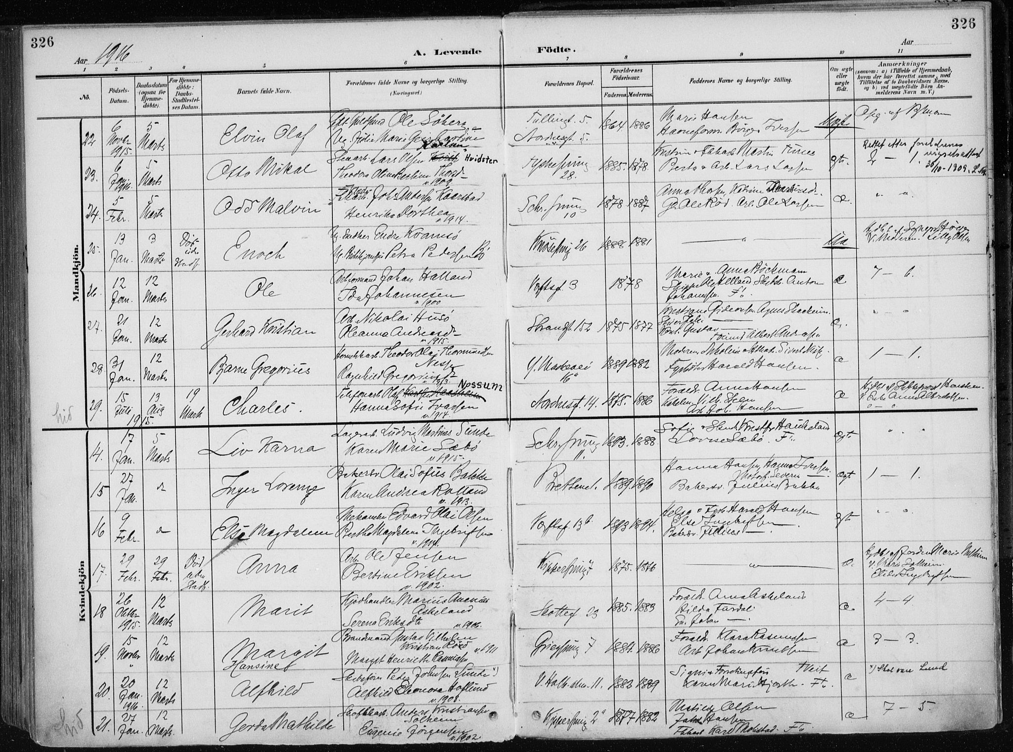 Nykirken Sokneprestembete, AV/SAB-A-77101/H/Haa/L0019: Parish register (official) no. B 7, 1904-1916, p. 326