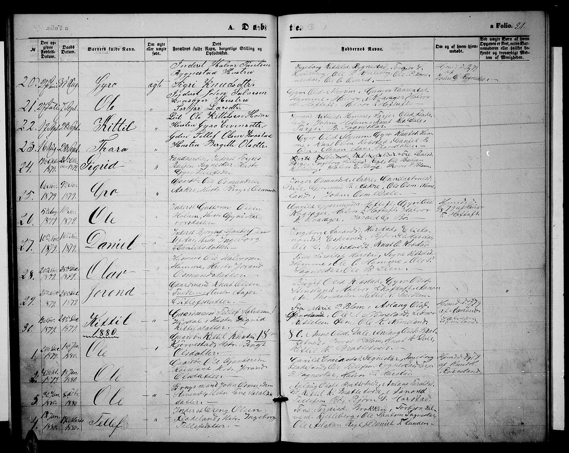 Valle sokneprestkontor, SAK/1111-0044/F/Fb/Fbc/L0003: Parish register (copy) no. B 3, 1871-1890, p. 21