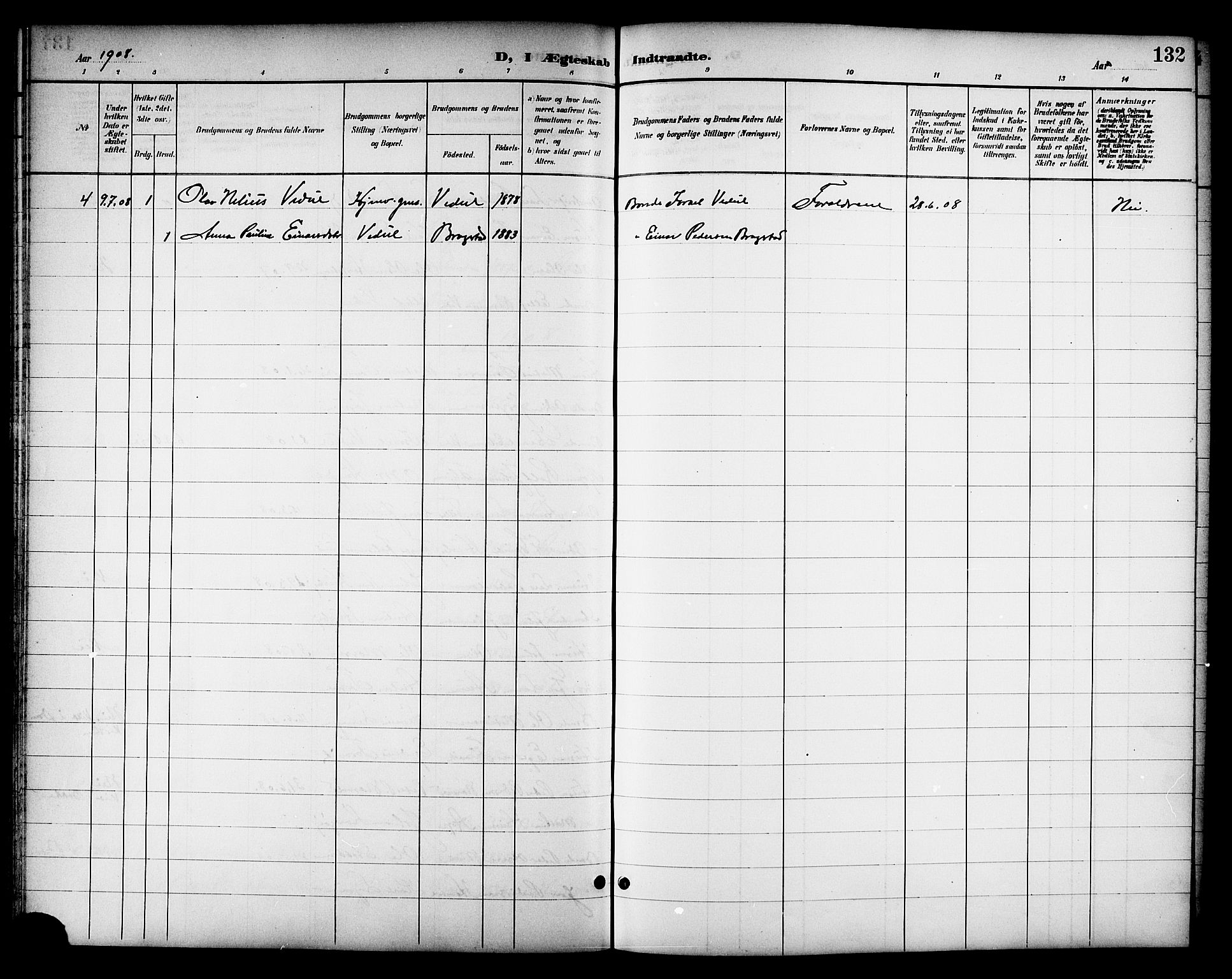 Ministerialprotokoller, klokkerbøker og fødselsregistre - Nord-Trøndelag, SAT/A-1458/714/L0135: Parish register (copy) no. 714C04, 1899-1918, p. 132