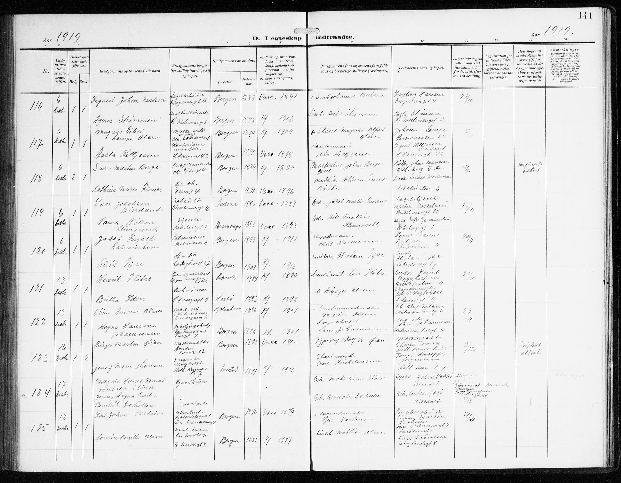 Sandviken Sokneprestembete, AV/SAB-A-77601/H/Ha/L0015: Parish register (official) no. D 2, 1911-1923, p. 141