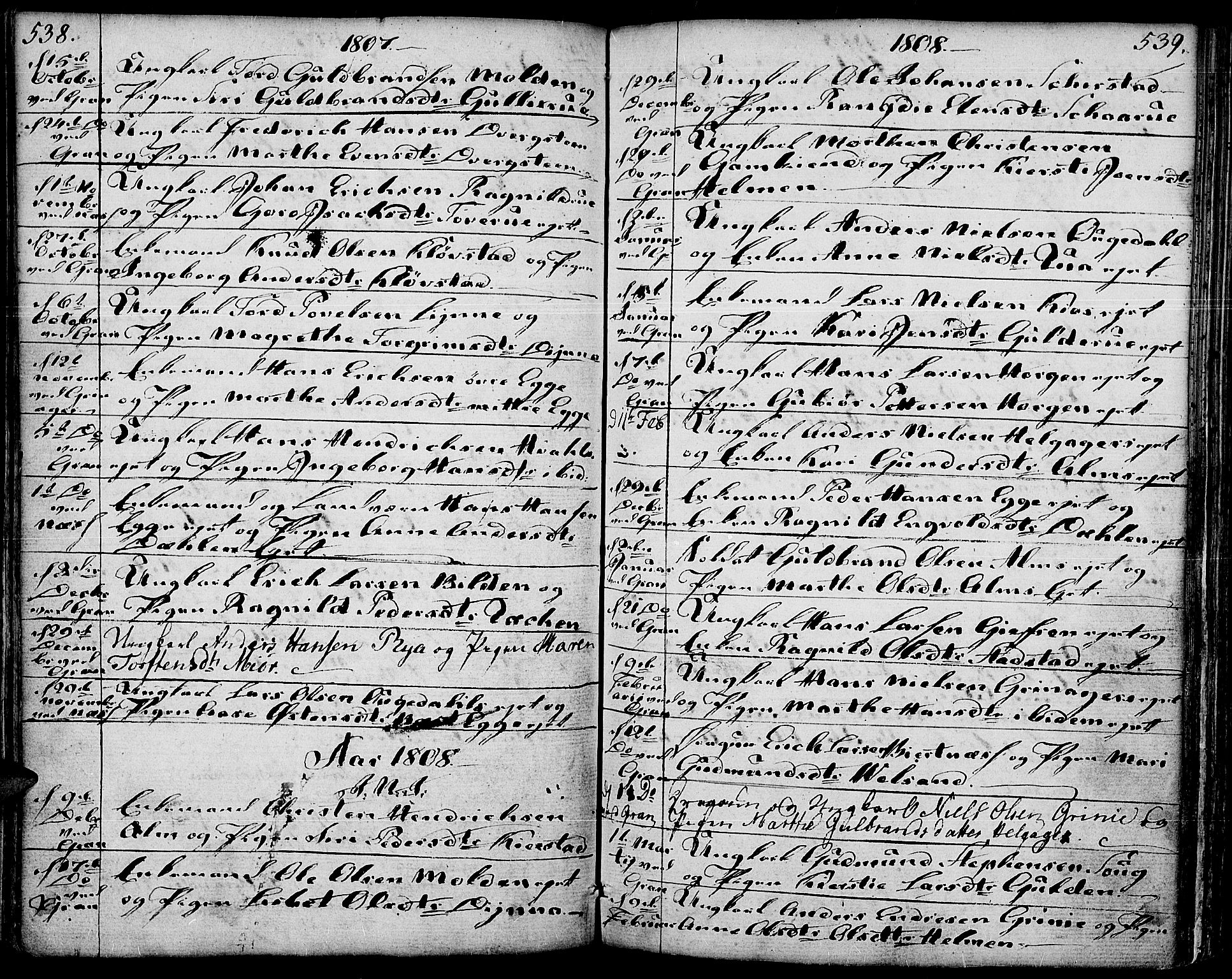 Gran prestekontor, SAH/PREST-112/H/Ha/Haa/L0006: Parish register (official) no. 6, 1787-1824, p. 538-539
