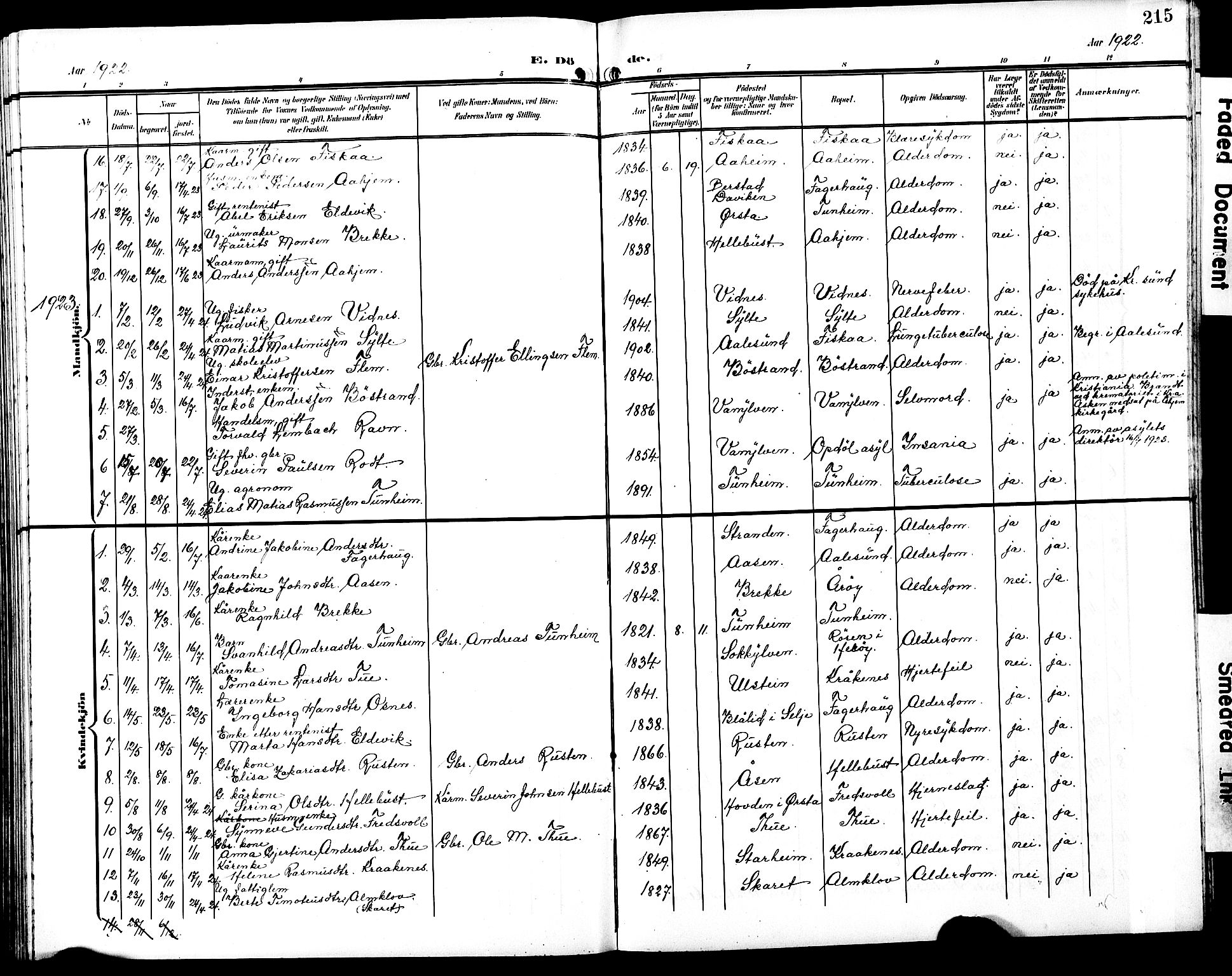 Ministerialprotokoller, klokkerbøker og fødselsregistre - Møre og Romsdal, SAT/A-1454/501/L0018: Parish register (copy) no. 501C04, 1902-1930, p. 215