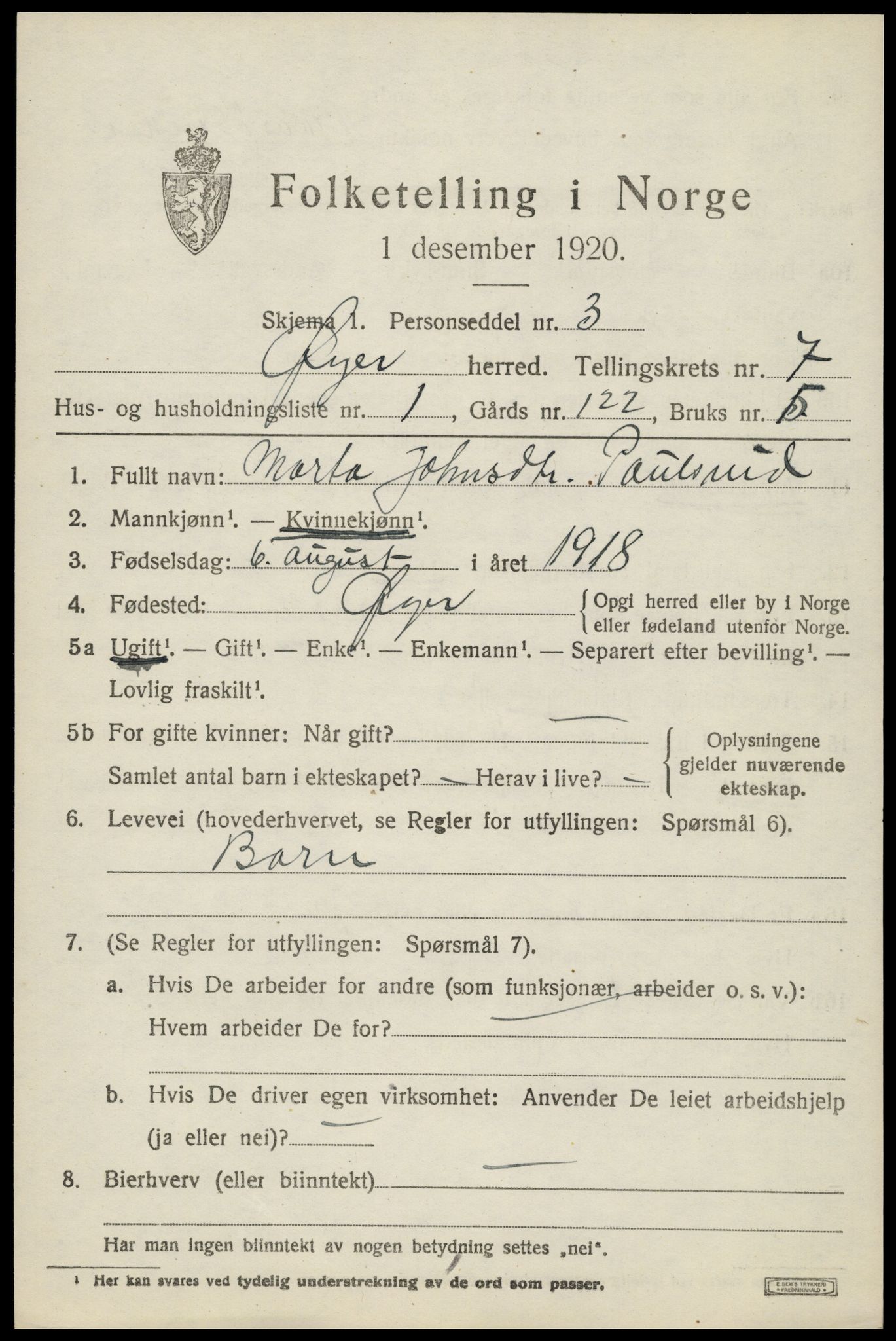 SAH, 1920 census for Øyer, 1920, p. 6378