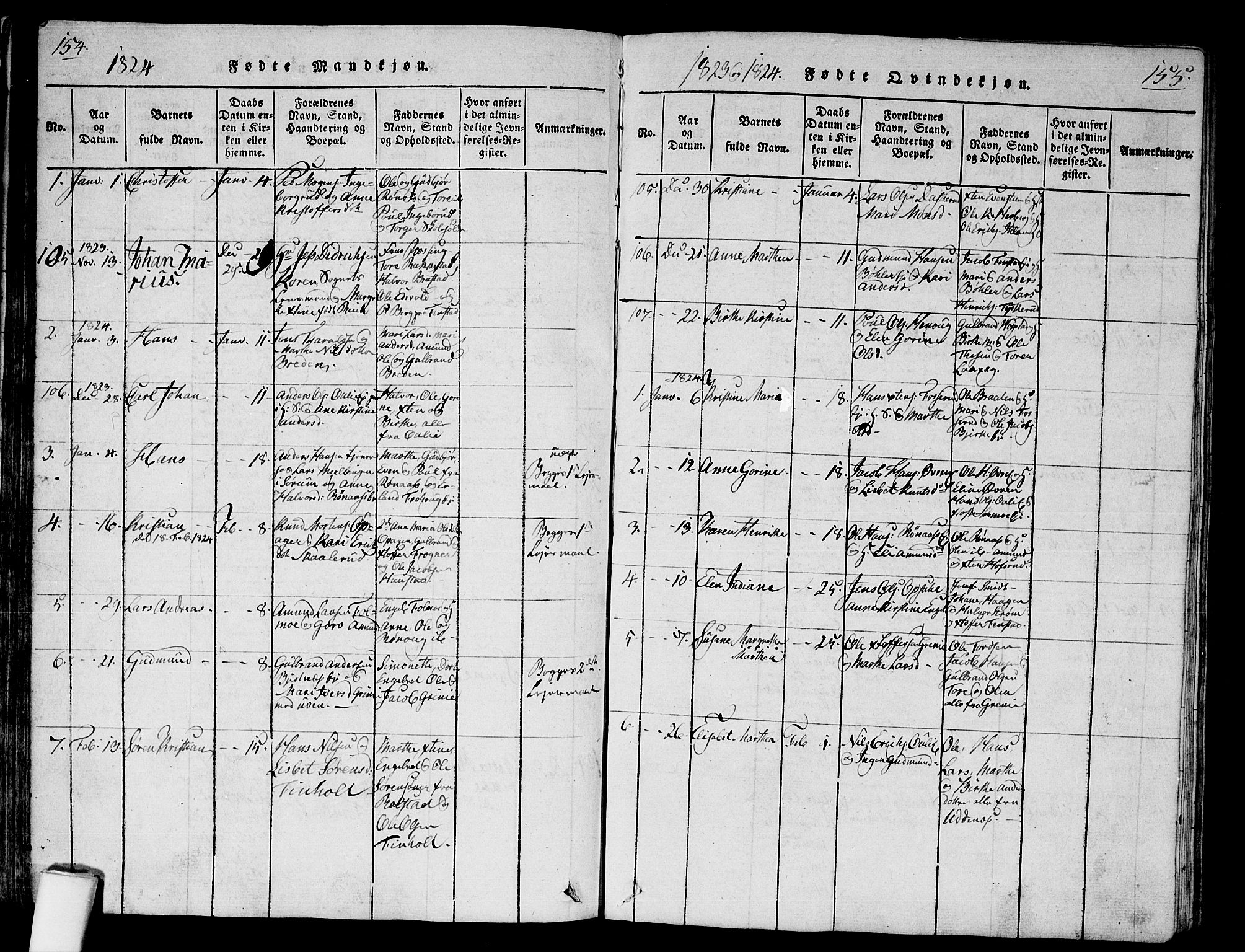Nes prestekontor Kirkebøker, SAO/A-10410/G/Ga/L0001: Parish register (copy) no. I 1, 1815-1835, p. 154-155