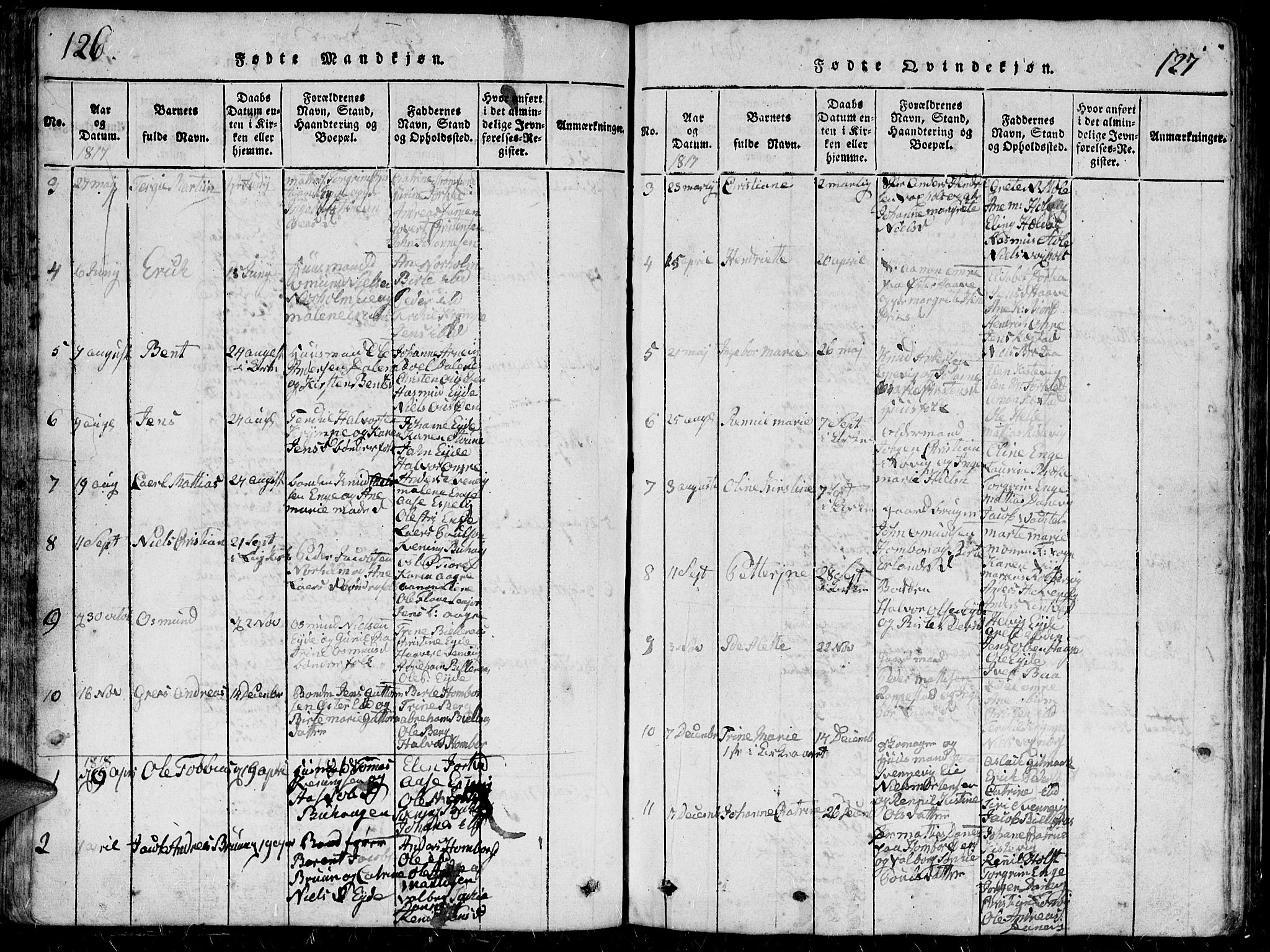 Hommedal sokneprestkontor, AV/SAK-1111-0023/F/Fb/Fbb/L0003: Parish register (copy) no. B 3 /2, 1816-1850, p. 126-127