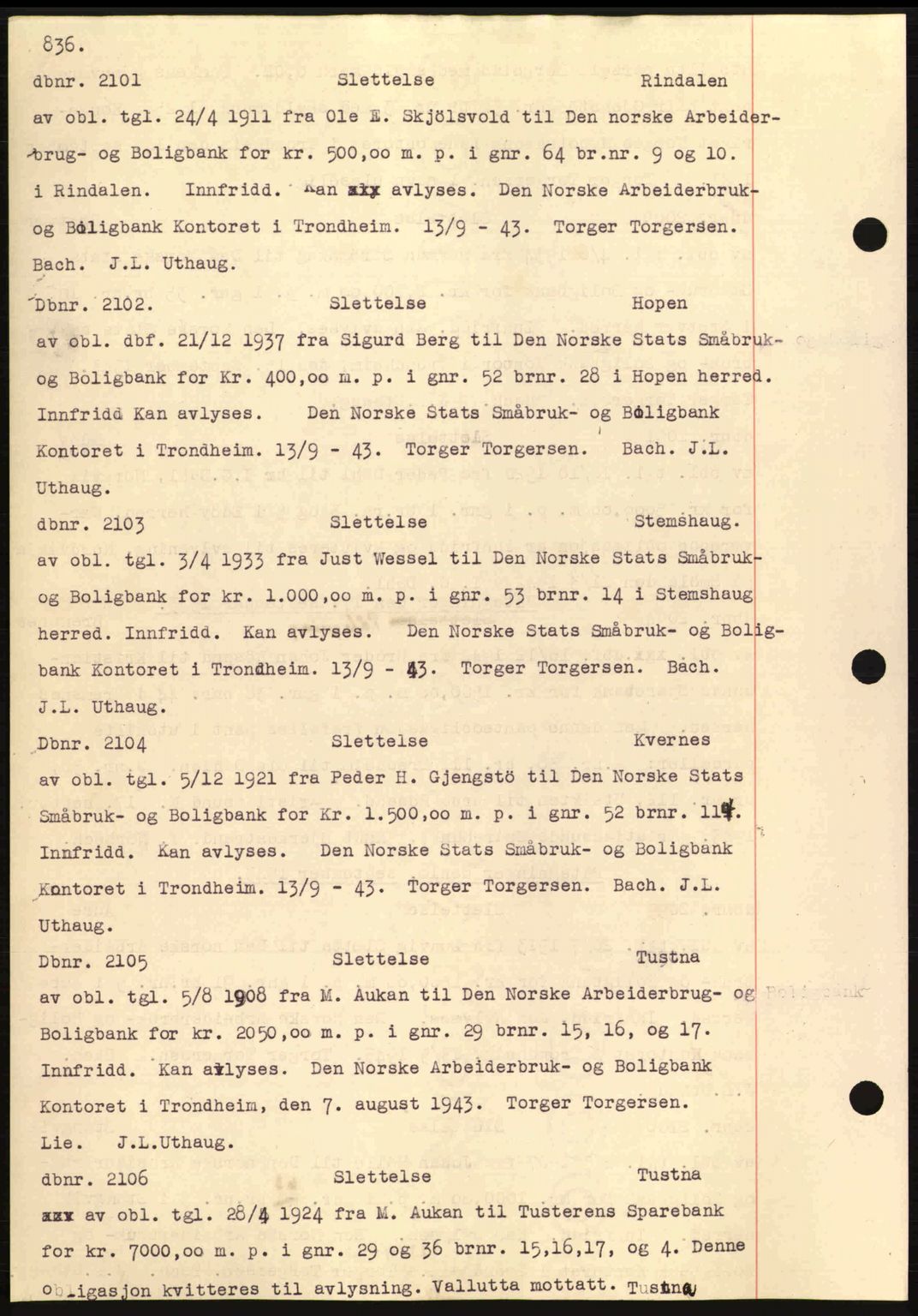 Nordmøre sorenskriveri, AV/SAT-A-4132/1/2/2Ca: Mortgage book no. C81, 1940-1945, Diary no: : 2101/1943