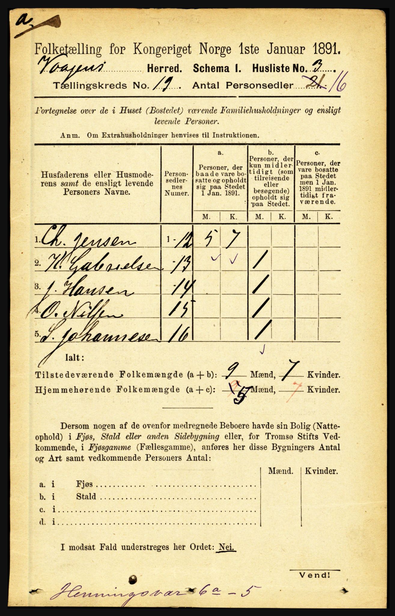 RA, 1891 census for 1865 Vågan, 1891, p. 5456