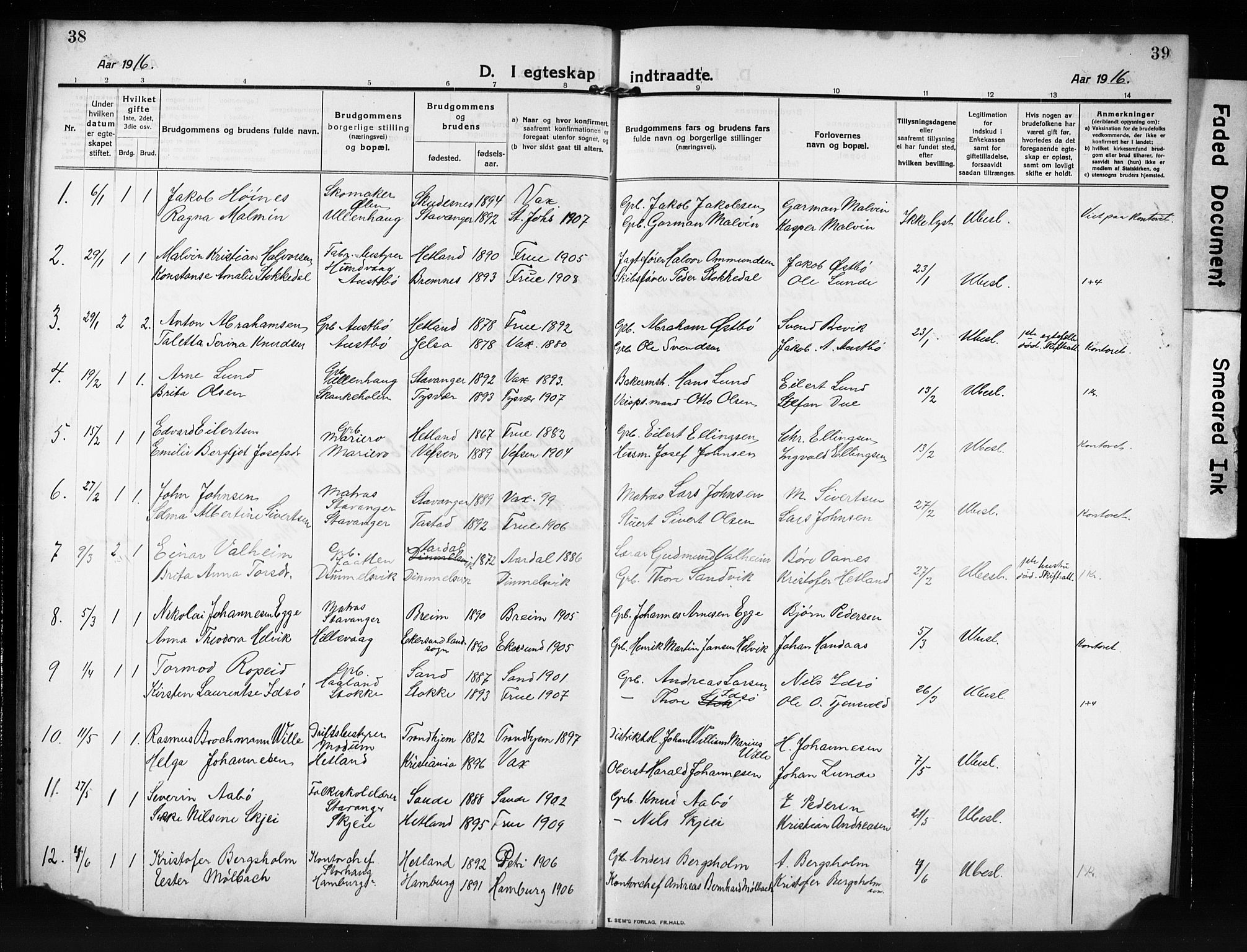 Hetland sokneprestkontor, SAST/A-101826/30/30BB/L0009: Parish register (copy) no. B 9, 1910-1931, p. 38-39