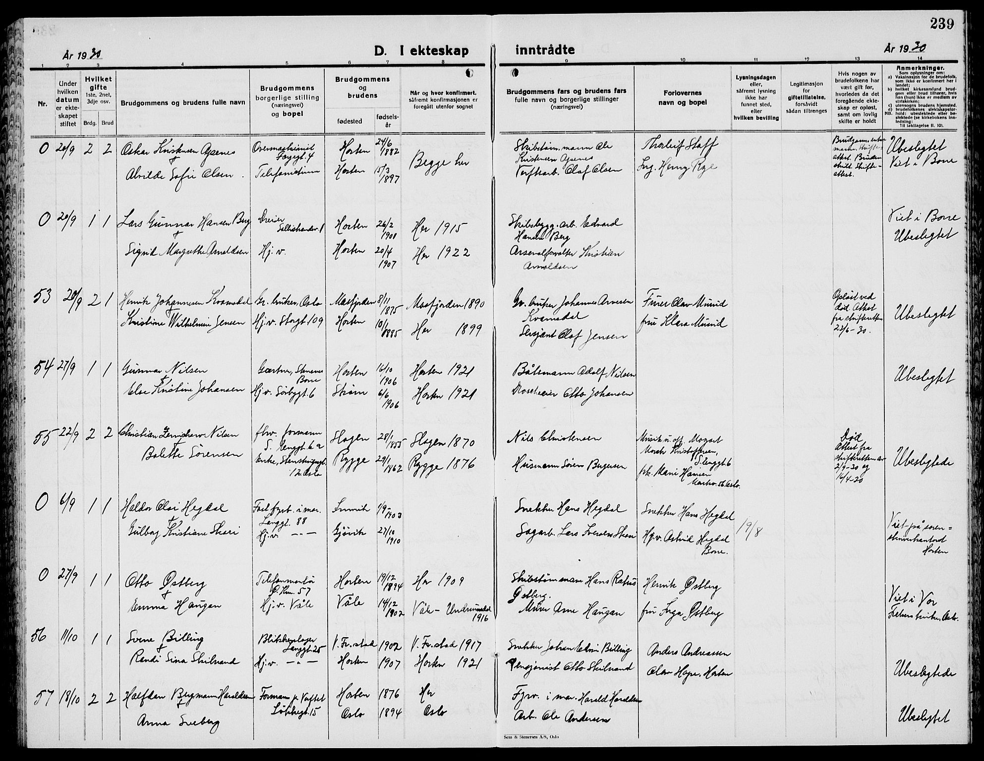 Horten kirkebøker, AV/SAKO-A-348/G/Ga/L0009: Parish register (copy) no. 9, 1926-1936, p. 239