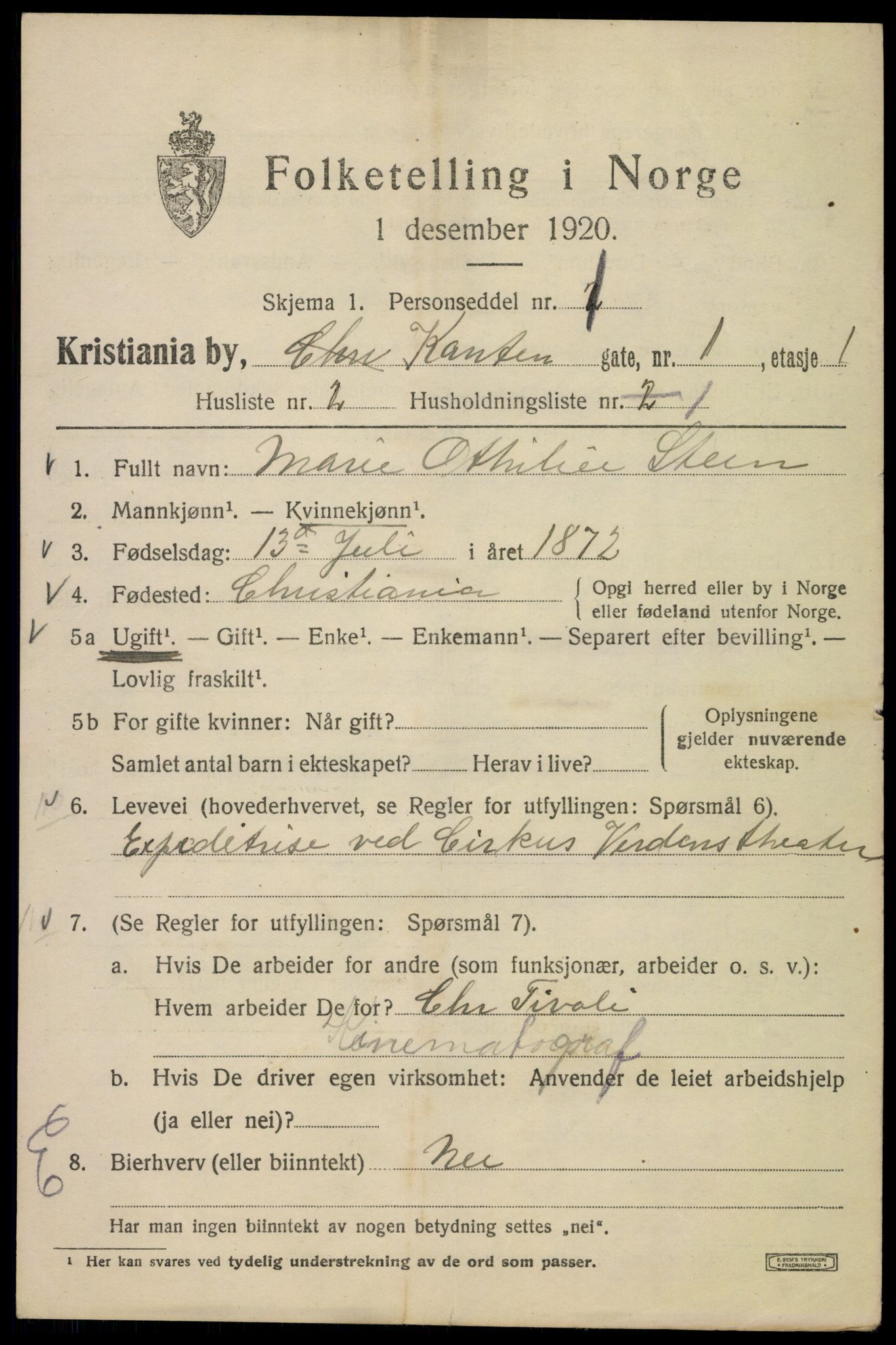 SAO, 1920 census for Kristiania, 1920, p. 327125